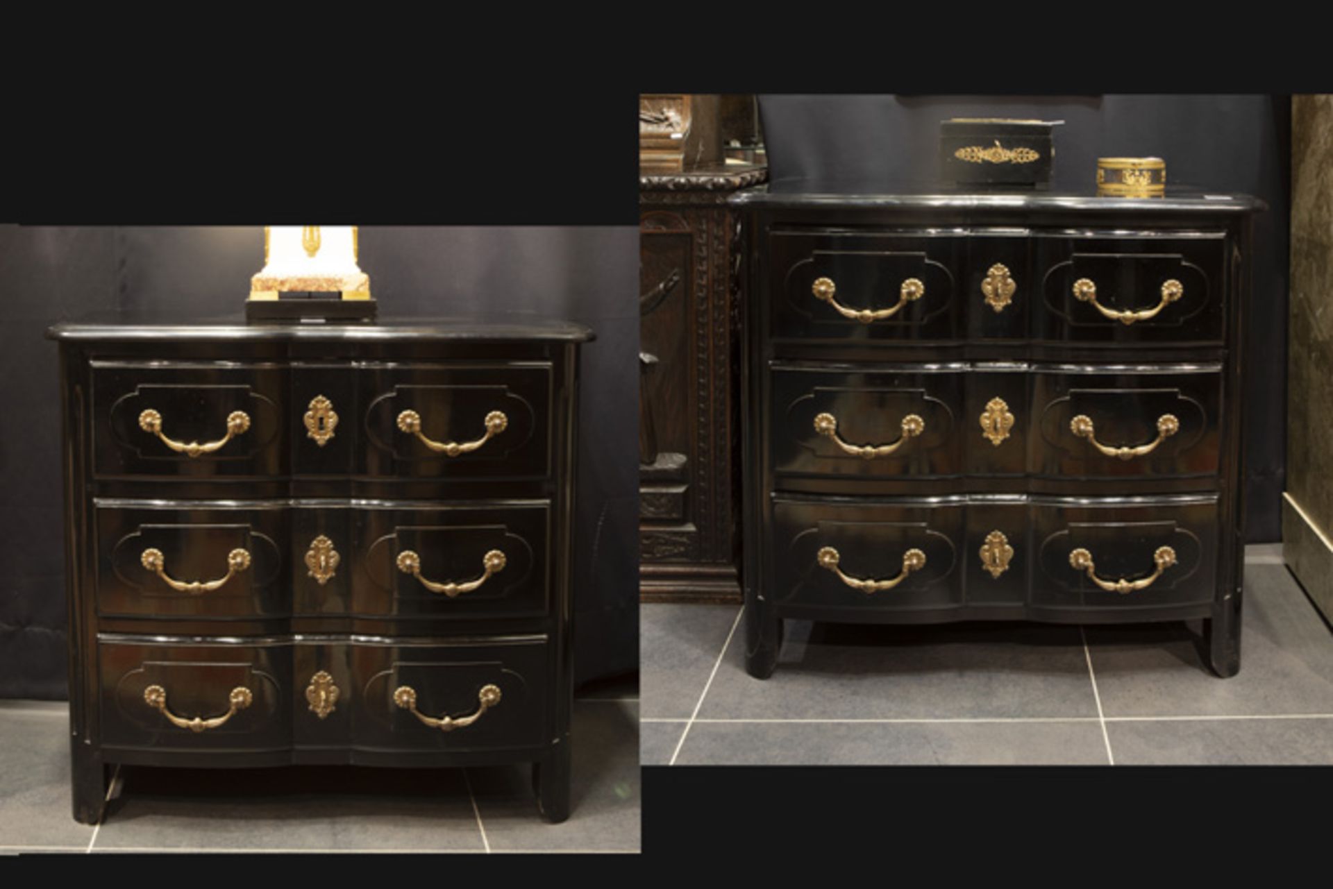 pair of baroque style chests of drawers in black lacquered wood with its original mountings in