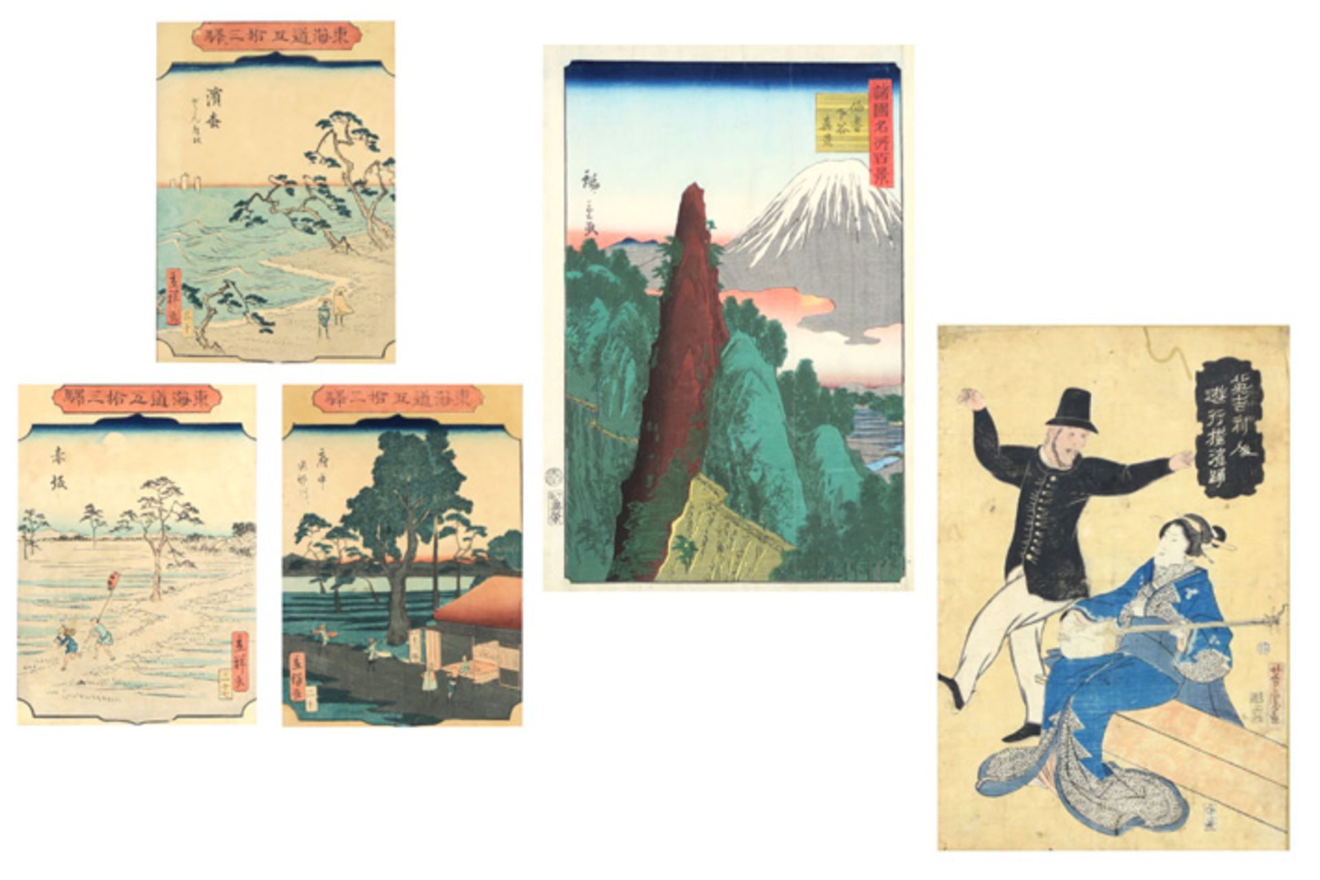 5 Japanese woodcuts || Lot van vijf Japanse houtsnedes, waarvan één ingekaderd