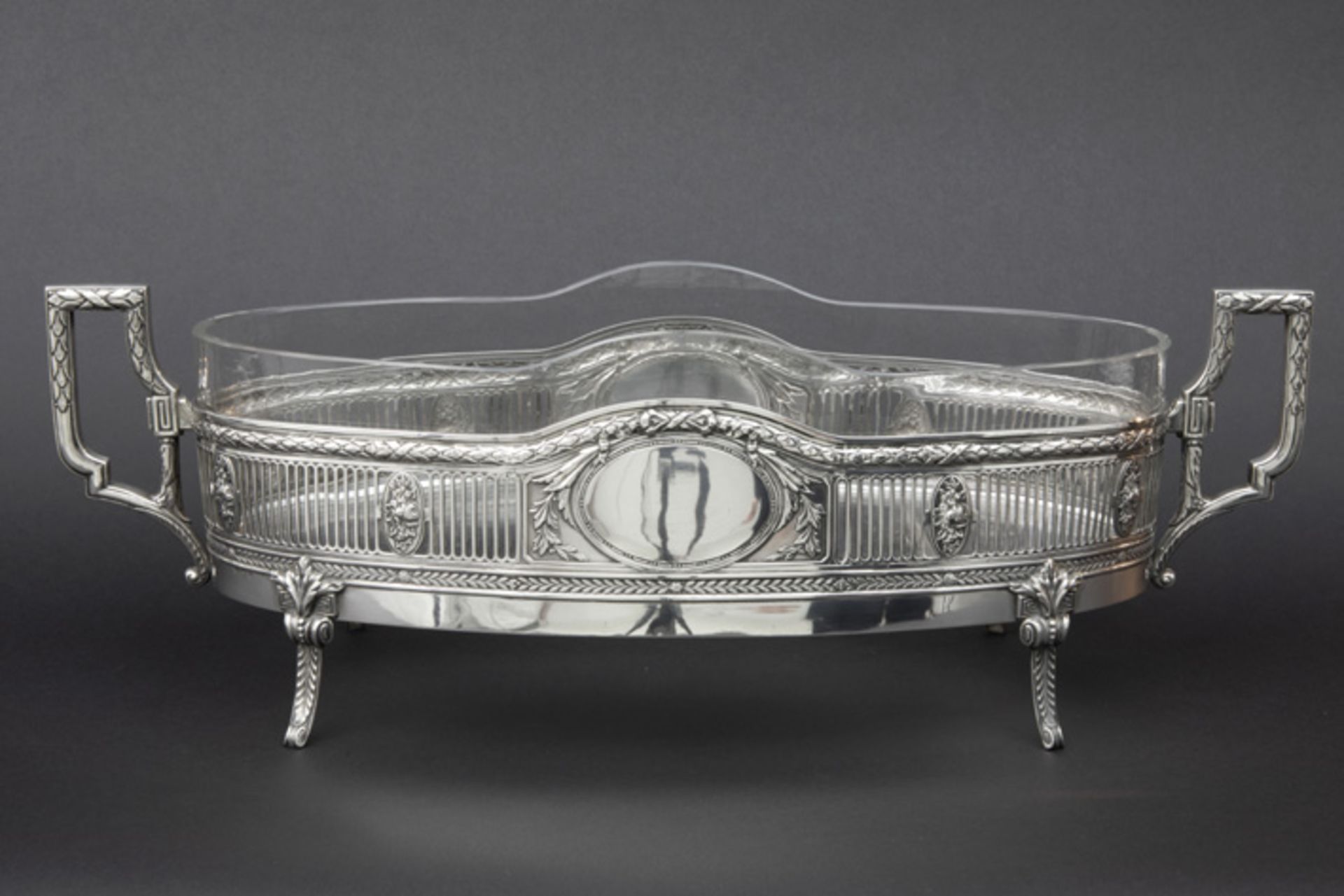 antique German neoclassical centerpiece with a bowl in clear glass and a mounting in marked