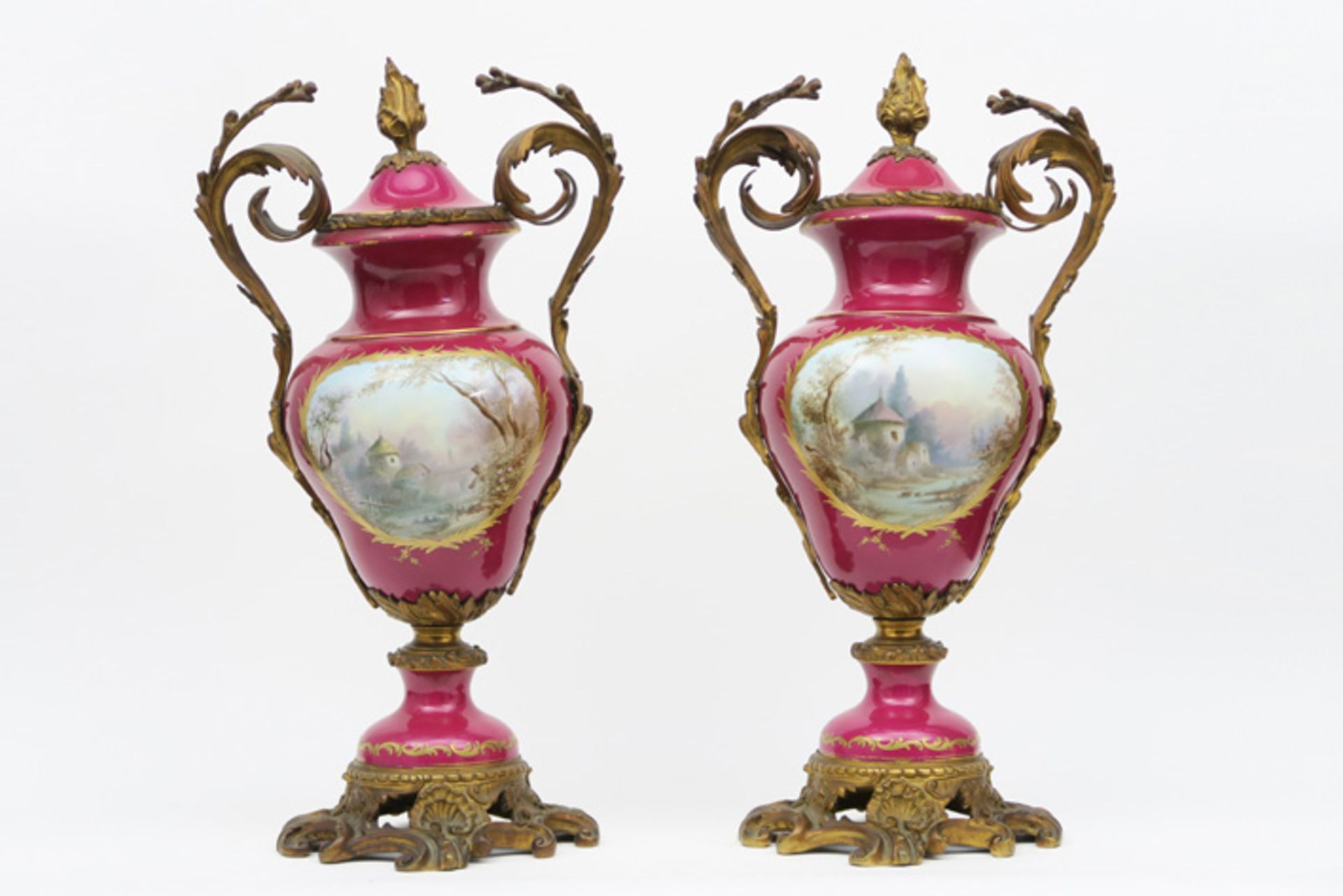 pair of quite big antique lidded vases in Sèvres marked porcelain with F. Amblet signed paintings - Image 2 of 4