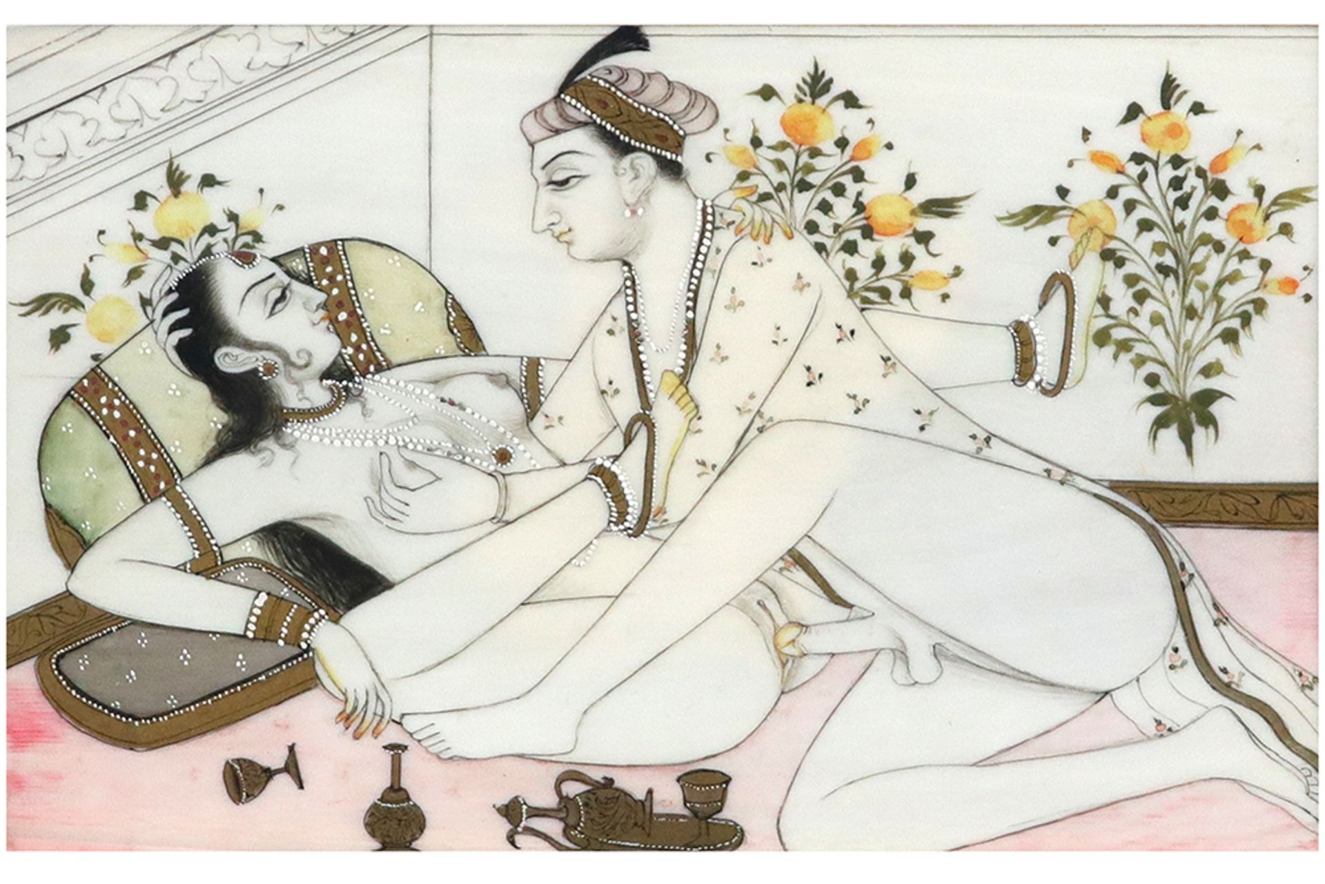 series of three Indian paintings with erotic scenes || Reeks van drie Indische schilderingen met - Bild 4 aus 8