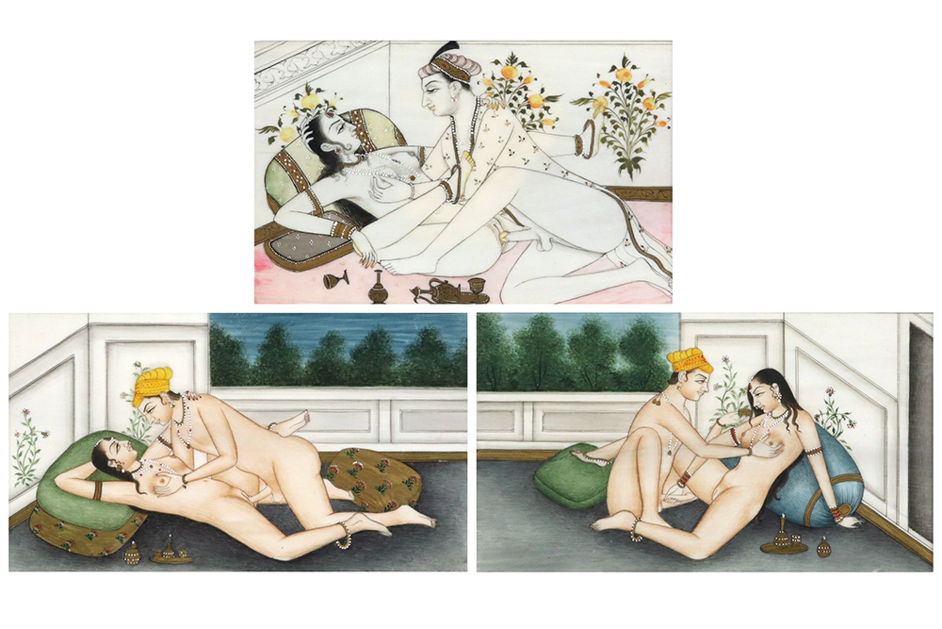series of three Indian paintings with erotic scenes || Reeks van drie Indische schilderingen met