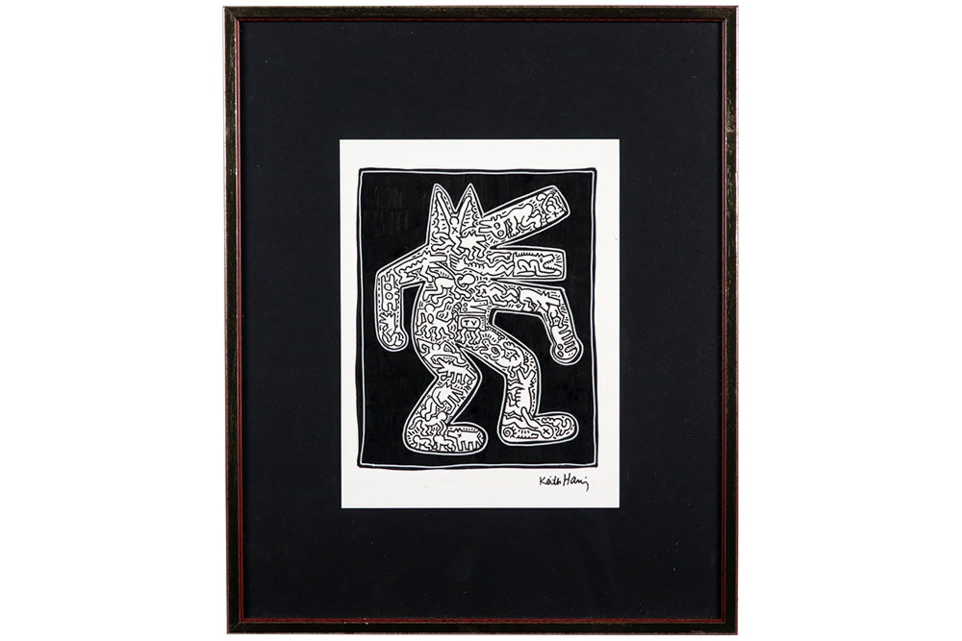 Keith Haring black felt tip pen drawing with typical figuration in a walking dog - signed || - Image 4 of 4