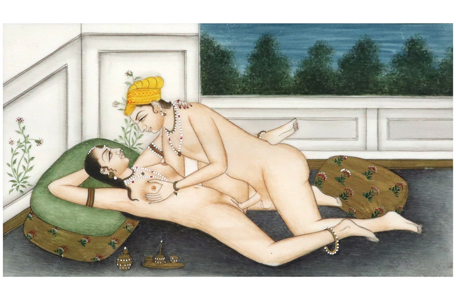 series of three Indian paintings with erotic scenes || Reeks van drie Indische schilderingen met - Bild 6 aus 8