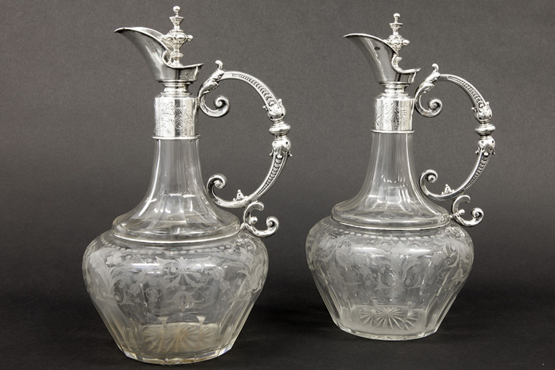 nice pair of antique German decanters/claret jugs in partially etched clear glass and marked