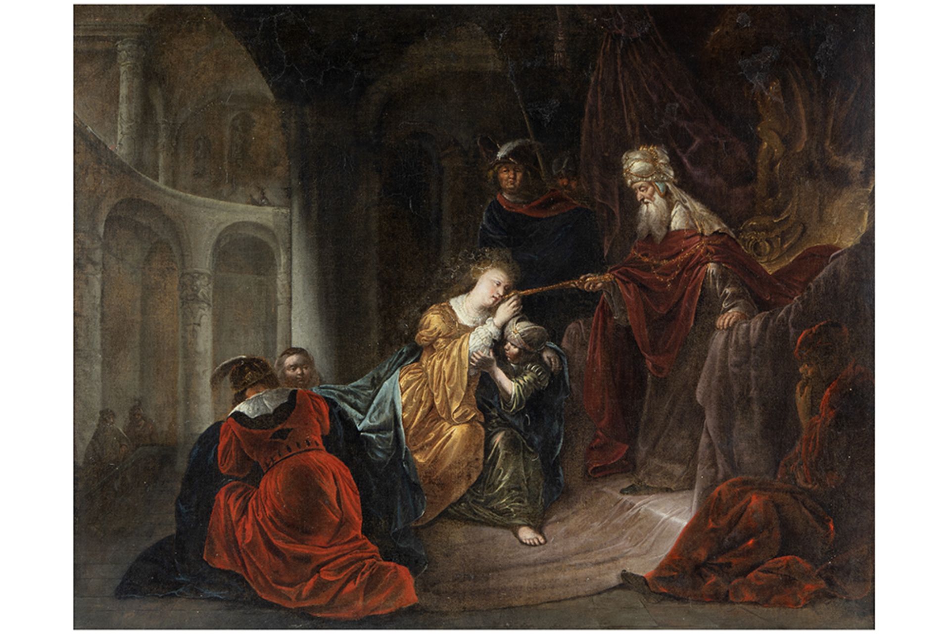 17th Cent. European oil on canvas with a scene with Esther and Ahasuerus || EUROPA - 17° EEUW