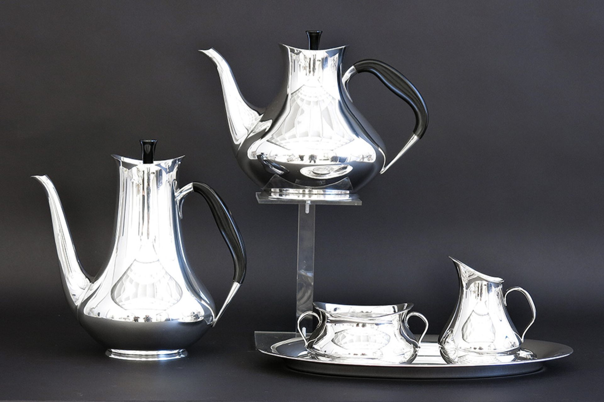 Danish sixties' Hans Bunde design coffee and tea set with a small tray (for sugar and milkpot) in