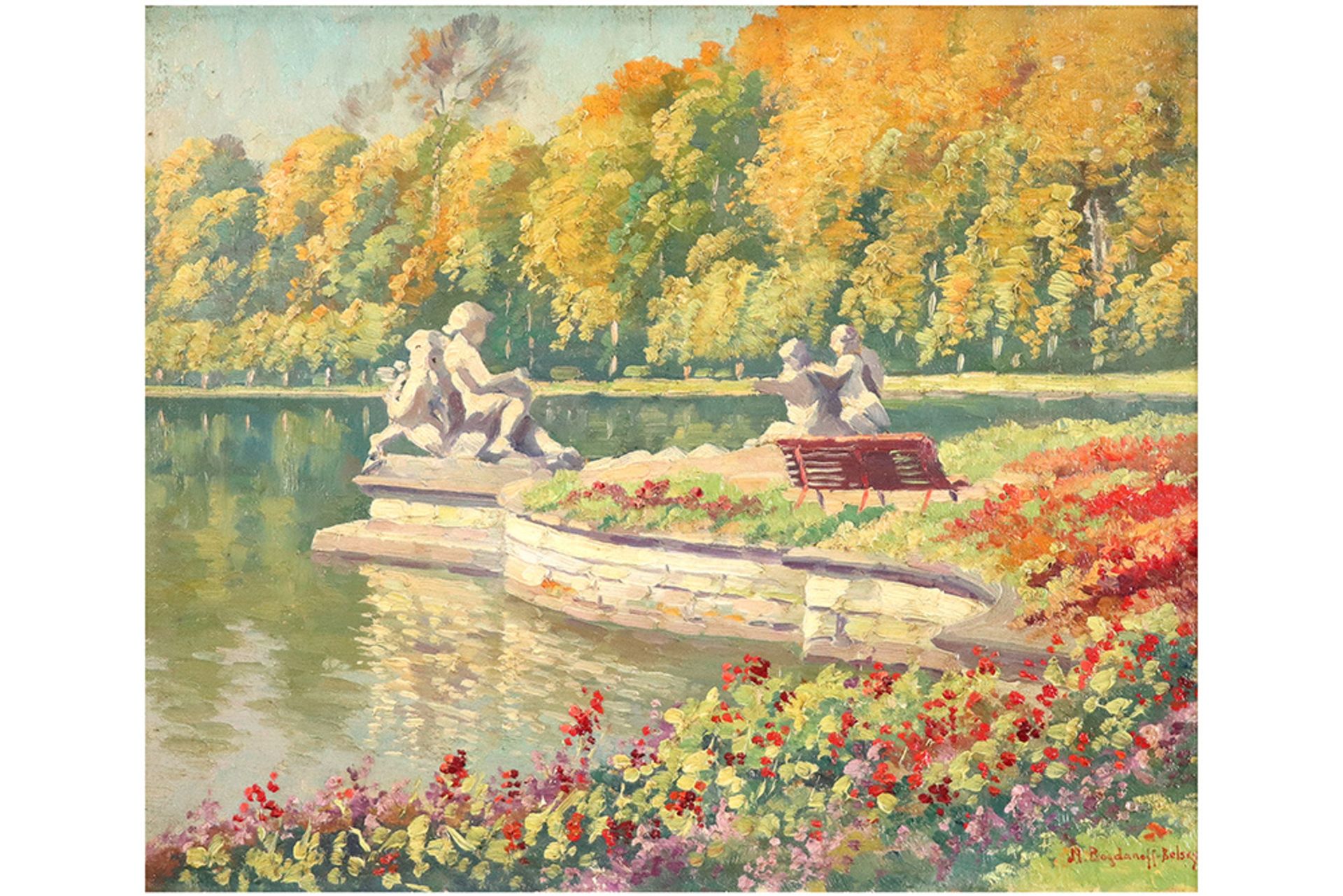 Bogdanov-Belsky oil on canvas with a park view with fountain and sculptures - signed prov : the