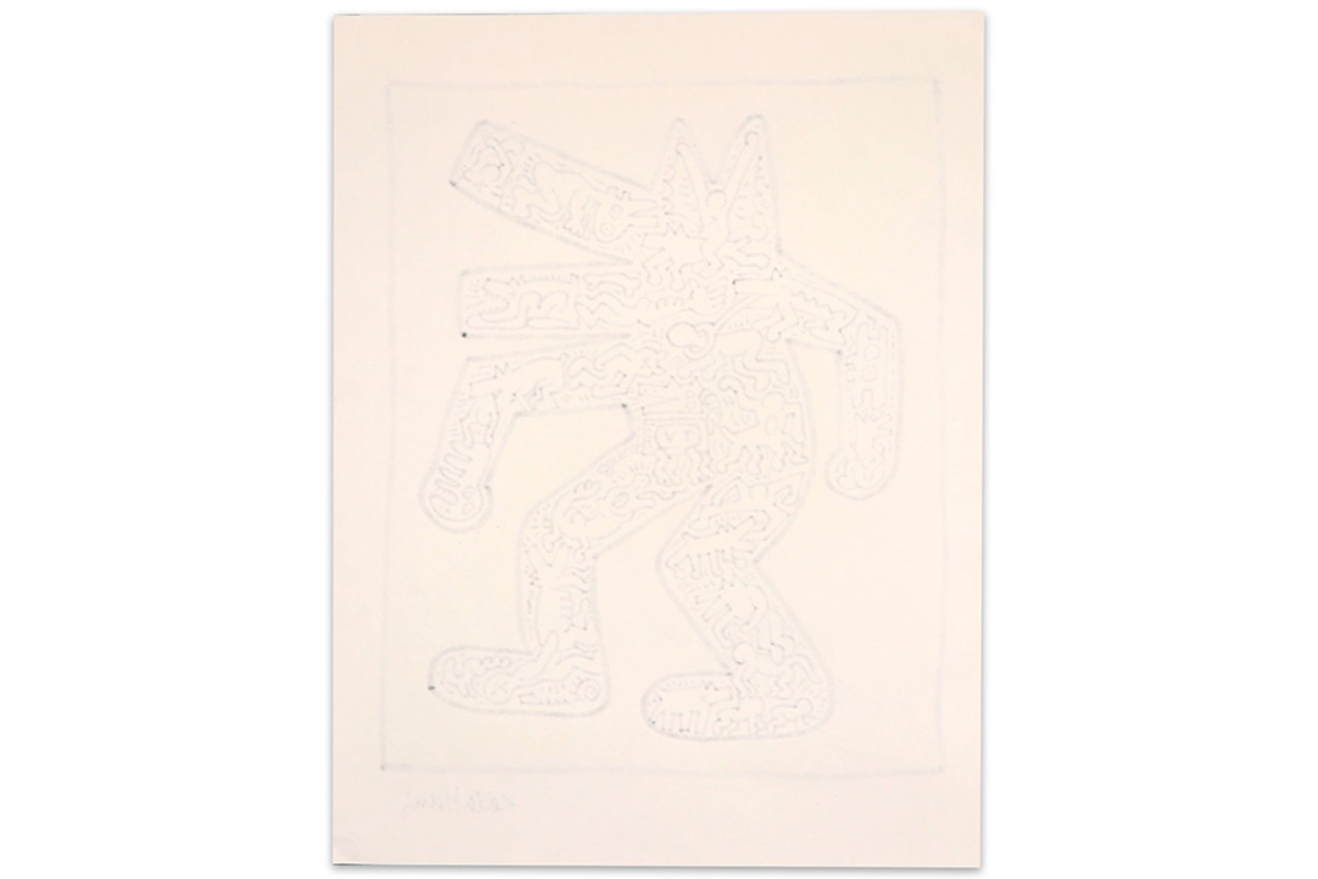 Keith Haring black felt tip pen drawing with typical figuration in a walking dog - signed || - Image 3 of 4