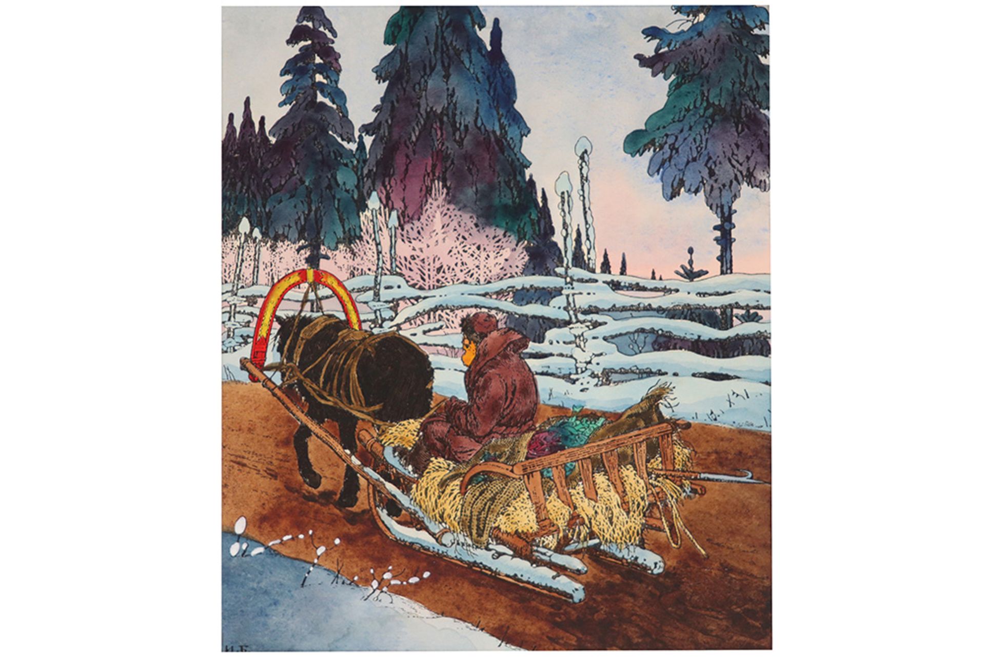 Ivan I. Bilibin "Fisherman on a sleigh" mixed media (gouache and aquarelle) - with his monogram ||
