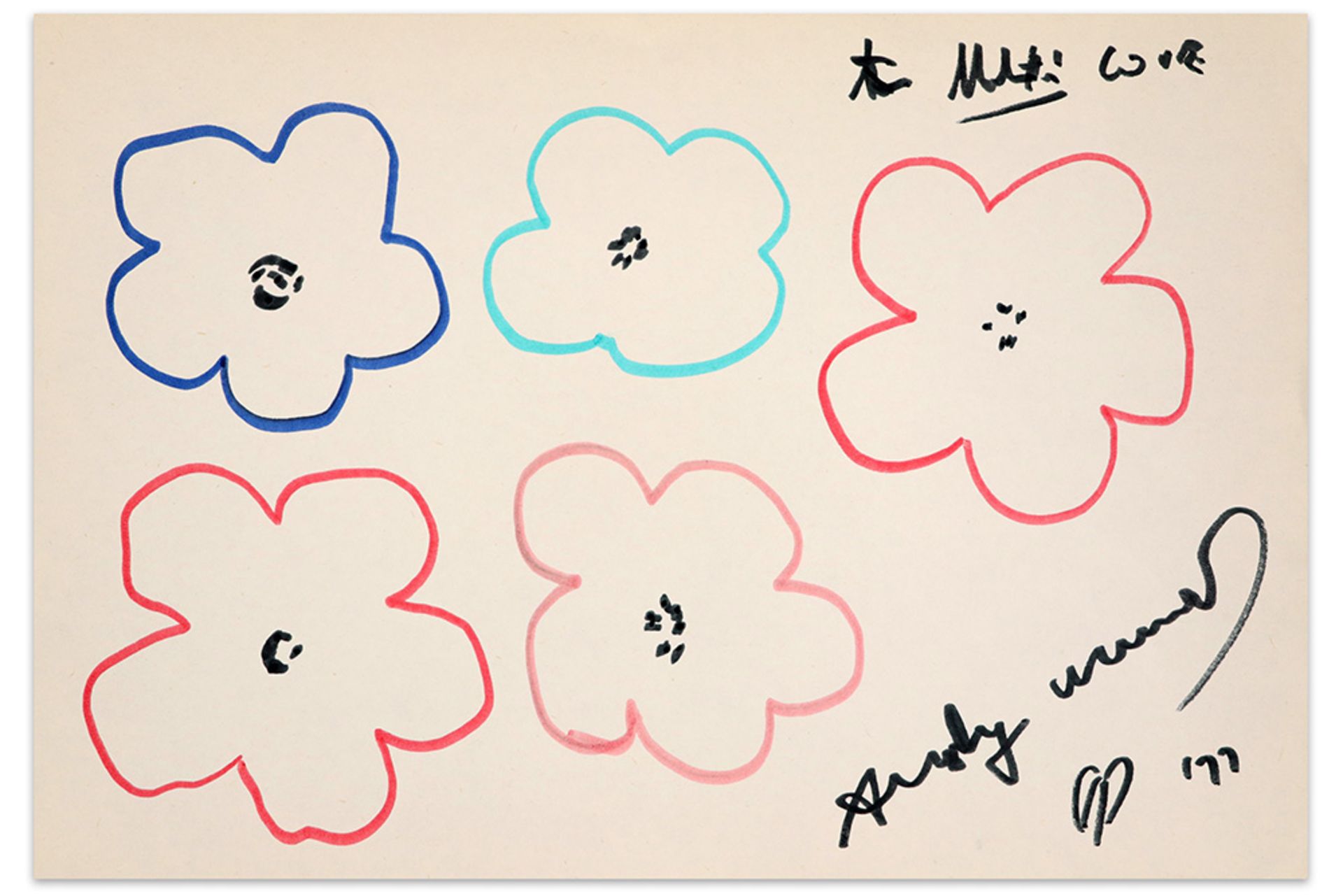 Andy Warhol felt-tip pen "Flowers" drawing - signed and dated 1977 & dedicated to "Urbanetti", one