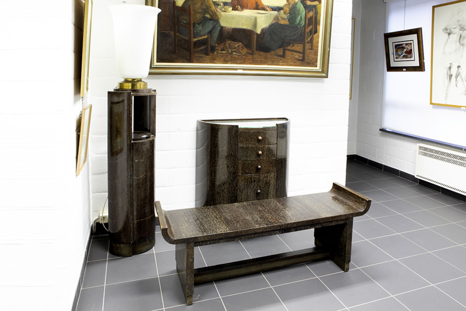 thirties' Art Deco set in wengé-wood : a window seat, a chest of drawers and a pedestal with Art - Image 2 of 3