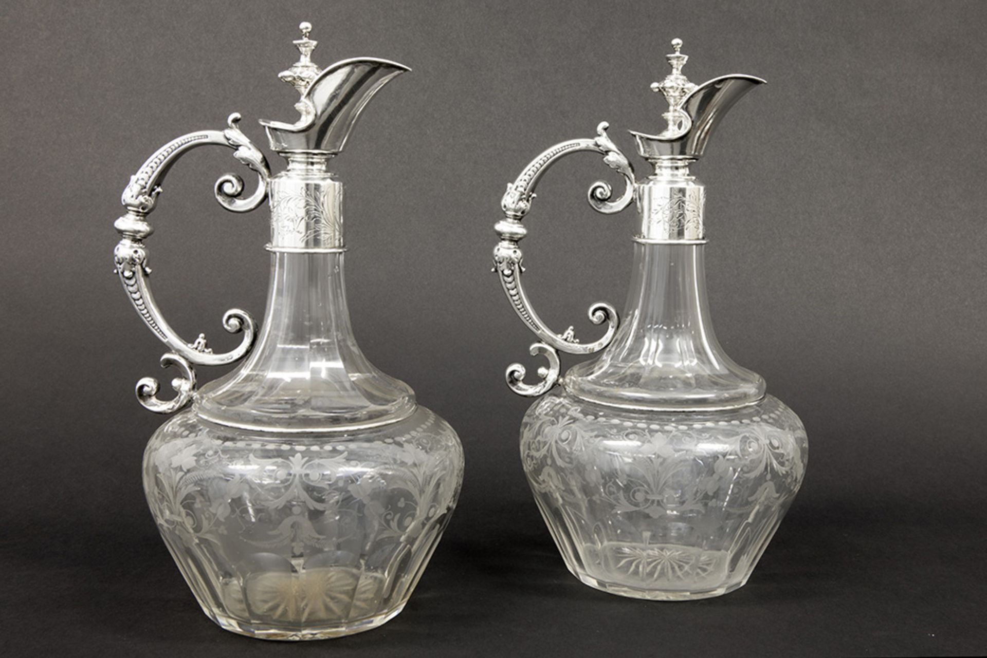 nice pair of antique German decanters/claret jugs in partially etched clear glass and marked - Bild 2 aus 5