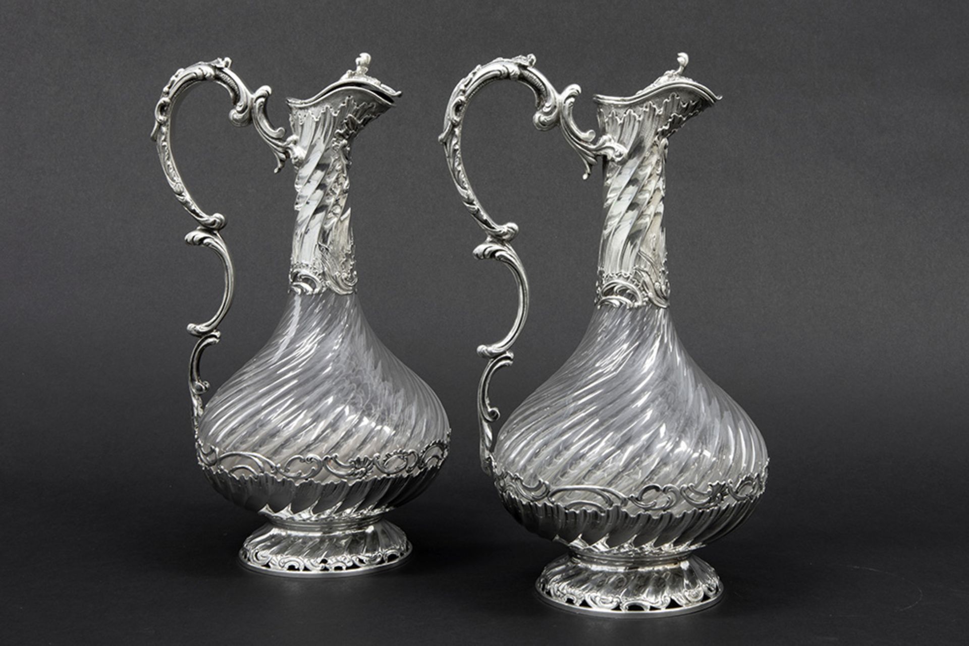 nice pair of antique French "Hector Alfred" signed decanters/claret jugs in clear glass and marked - Bild 2 aus 6