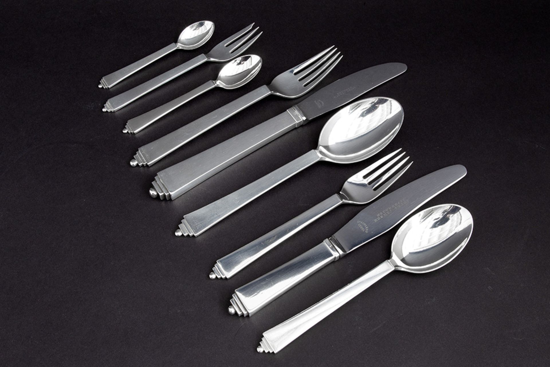 rare set of 54 pieces of Art Deco 'Pyramid' cutlery (design by Harald Nielsen) in marked silver (