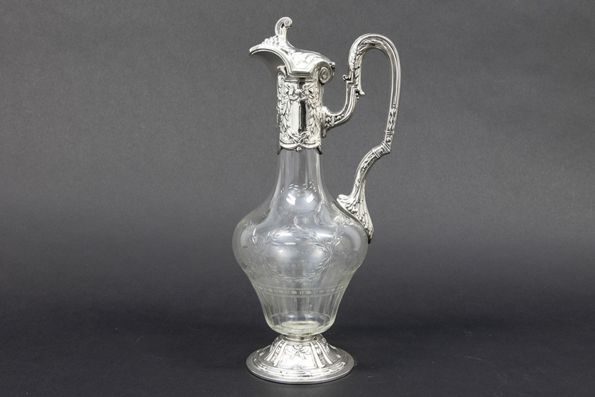antique German decanter/claret jug in clear glass and marked silver || Antieke (wijn) karaf met