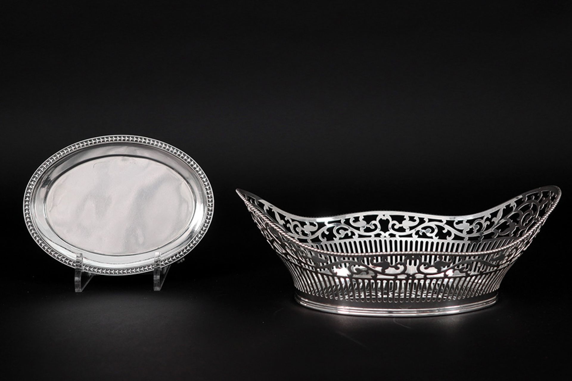 small English Victorian oval card's dish in marked silver & a German basket in marked silver ||