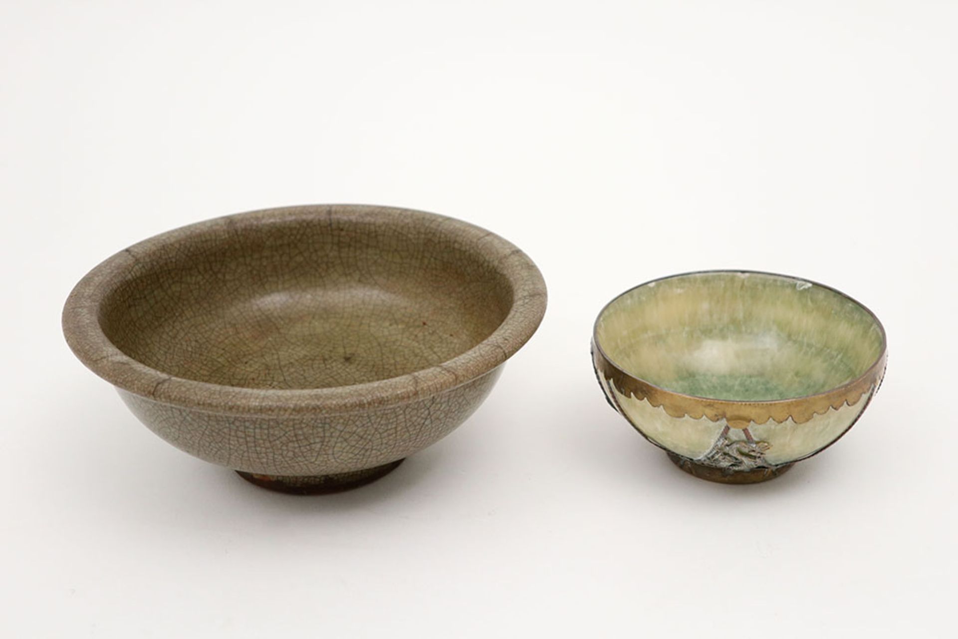 antique Chinese bowl in crackle glazed porcelain and a small Chinese marked bowl in a greenish stone - Image 2 of 7
