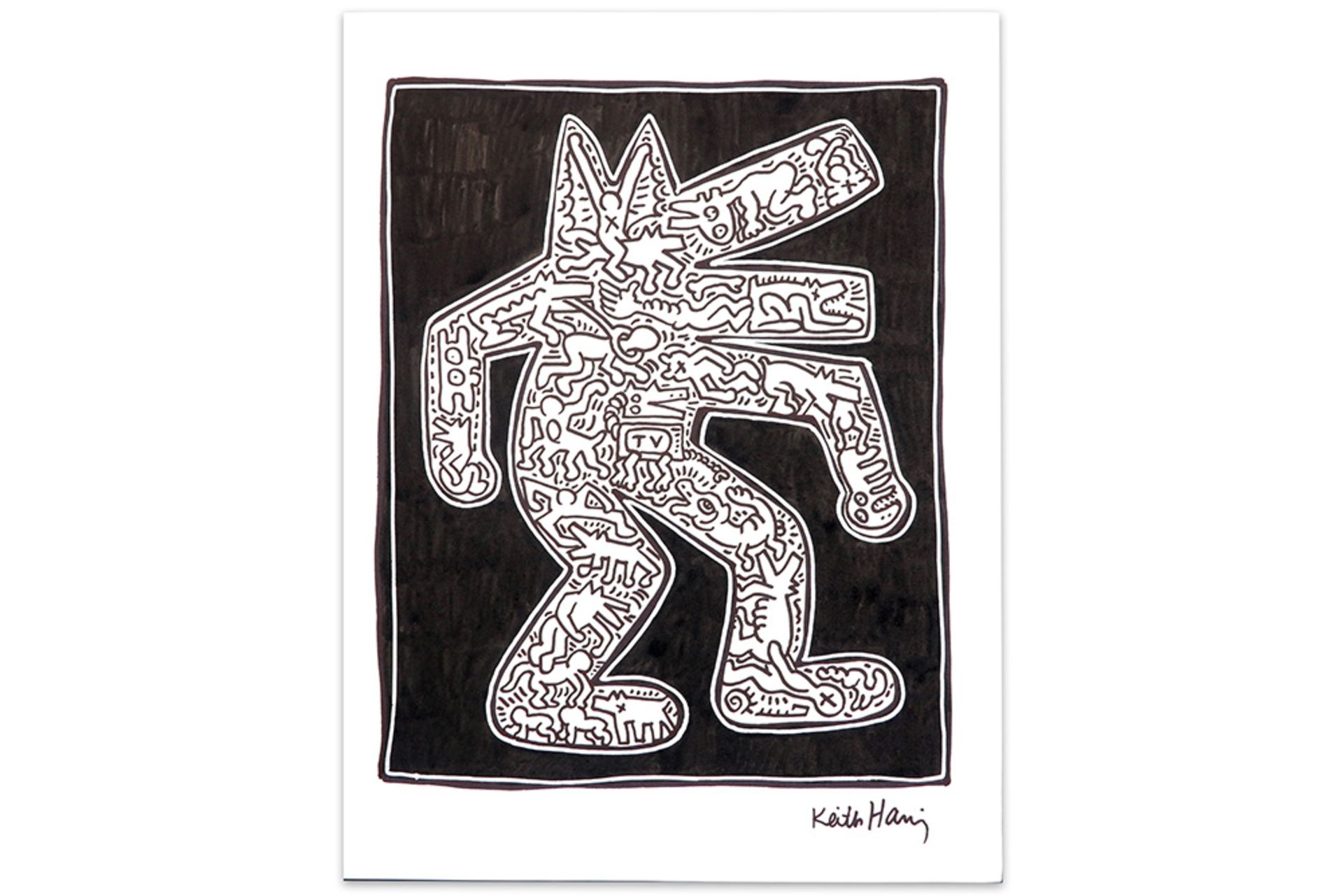 Keith Haring black felt tip pen drawing with typical figuration in a walking dog - signed ||