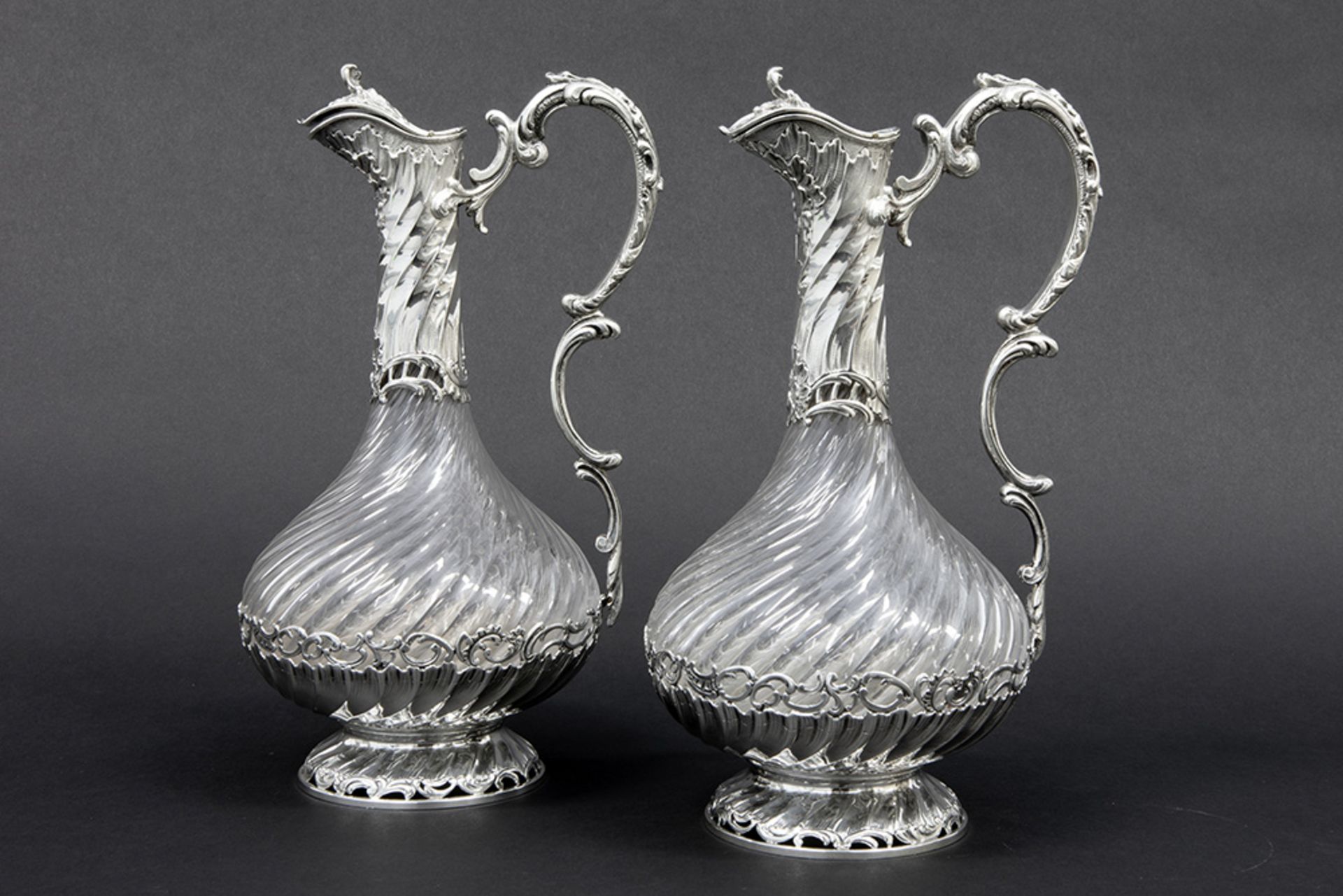 nice pair of antique French "Hector Alfred" signed decanters/claret jugs in clear glass and marked