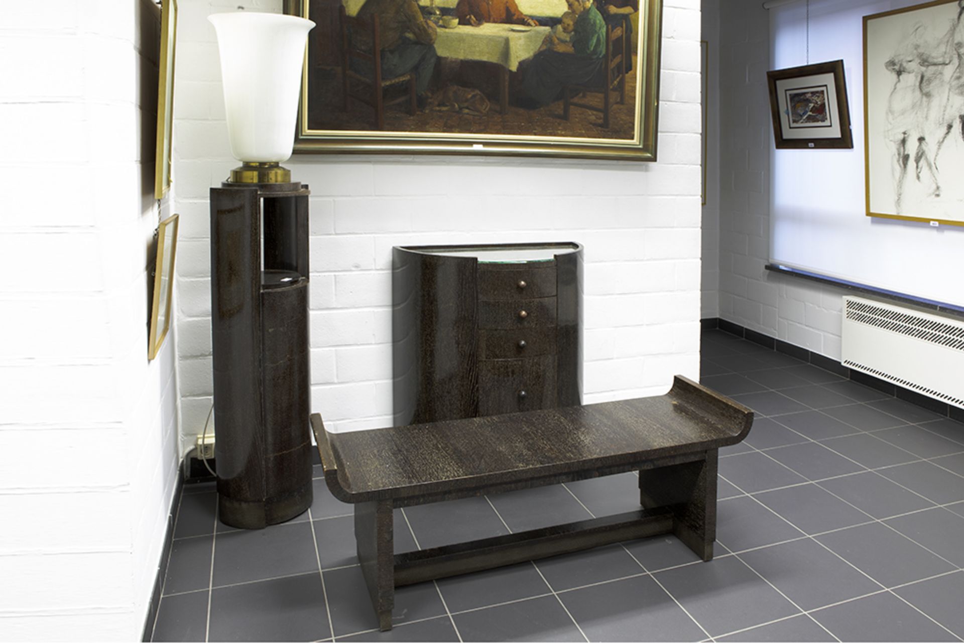 thirties' Art Deco set in wengé-wood : a window seat, a chest of drawers and a pedestal with Art - Image 3 of 3