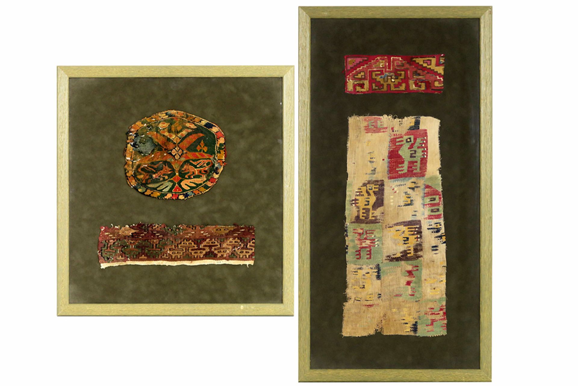 two pieces of Coptic textile, framed together & two small pieces of antique Peruvian textile -