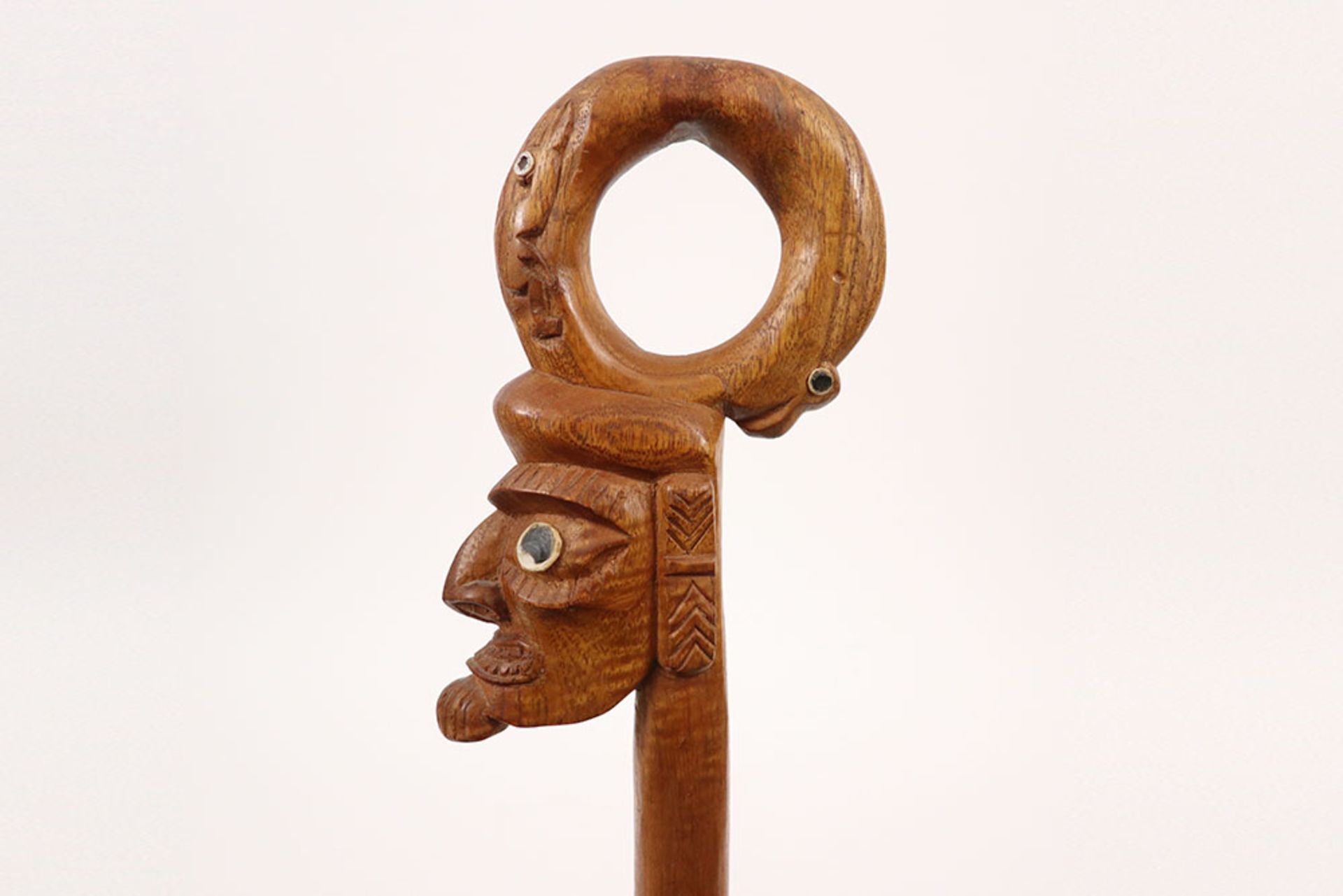 probably late 19th Cent. Easter Island chief's staff in (acacia ?) wood with as top a stylised - Image 2 of 3