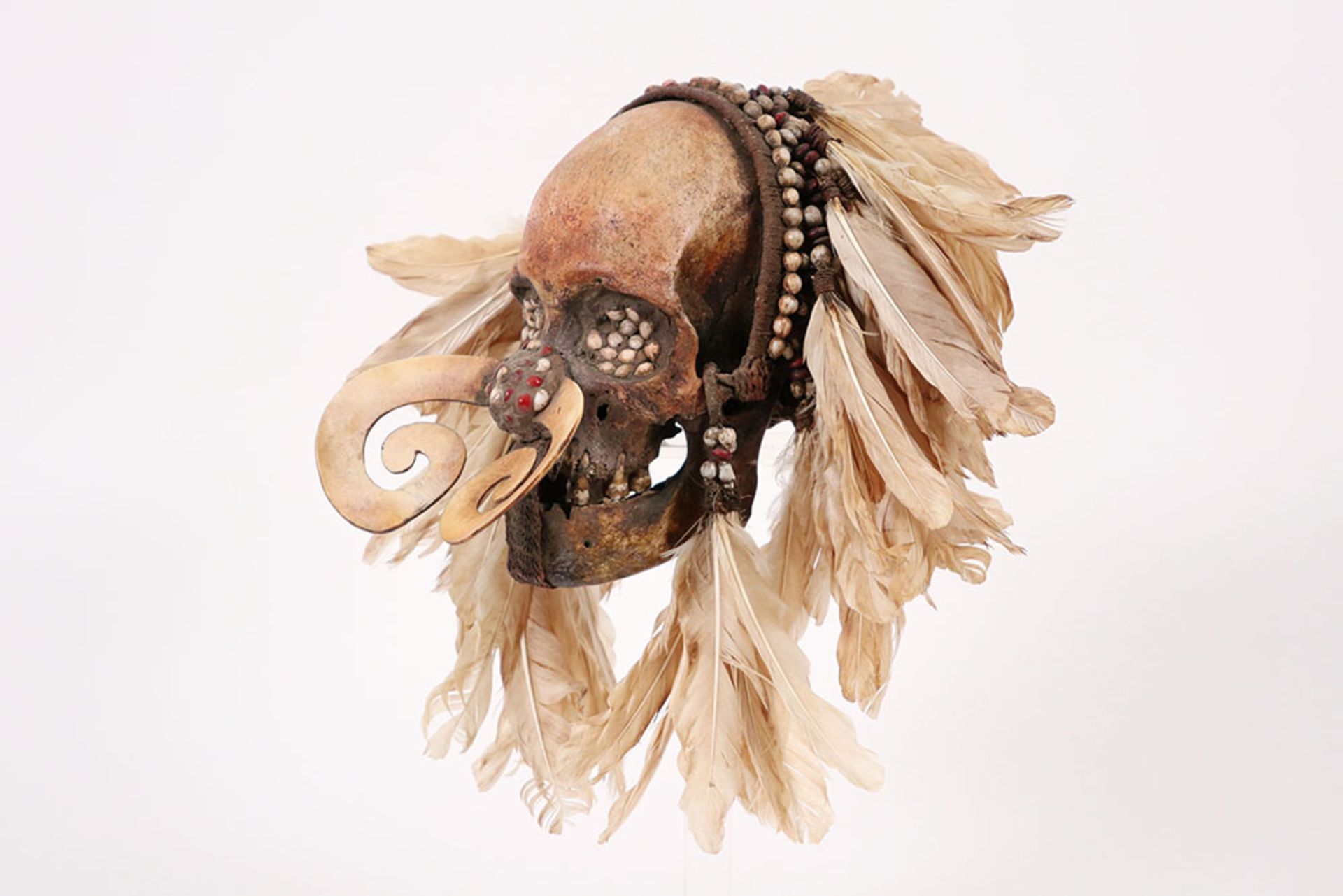 beautiful old Papua New Guinean "Asmat" sculpture with a skull with typical nose ornament, with - Image 2 of 6