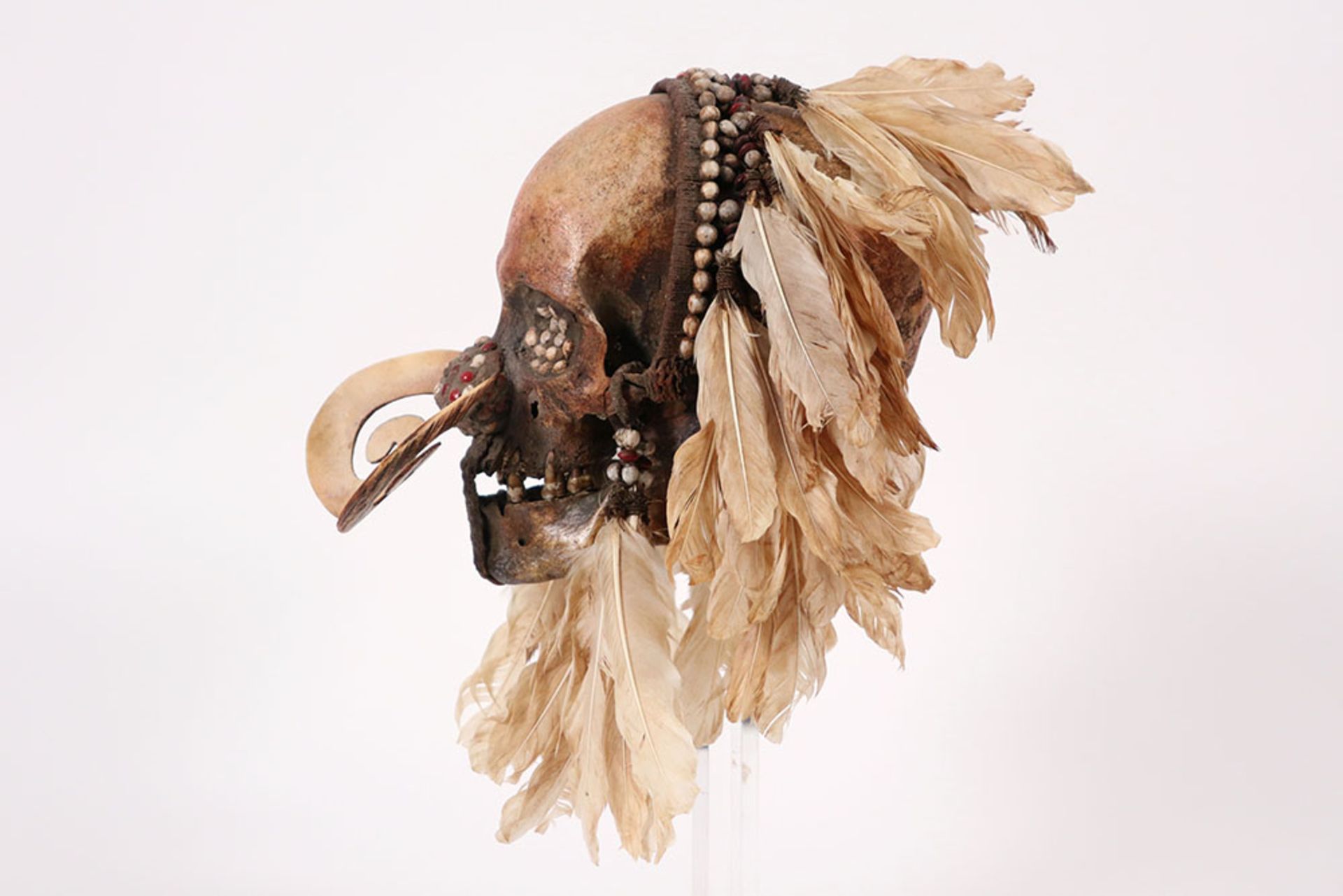 beautiful old Papua New Guinean "Asmat" sculpture with a skull with typical nose ornament, with - Image 3 of 6