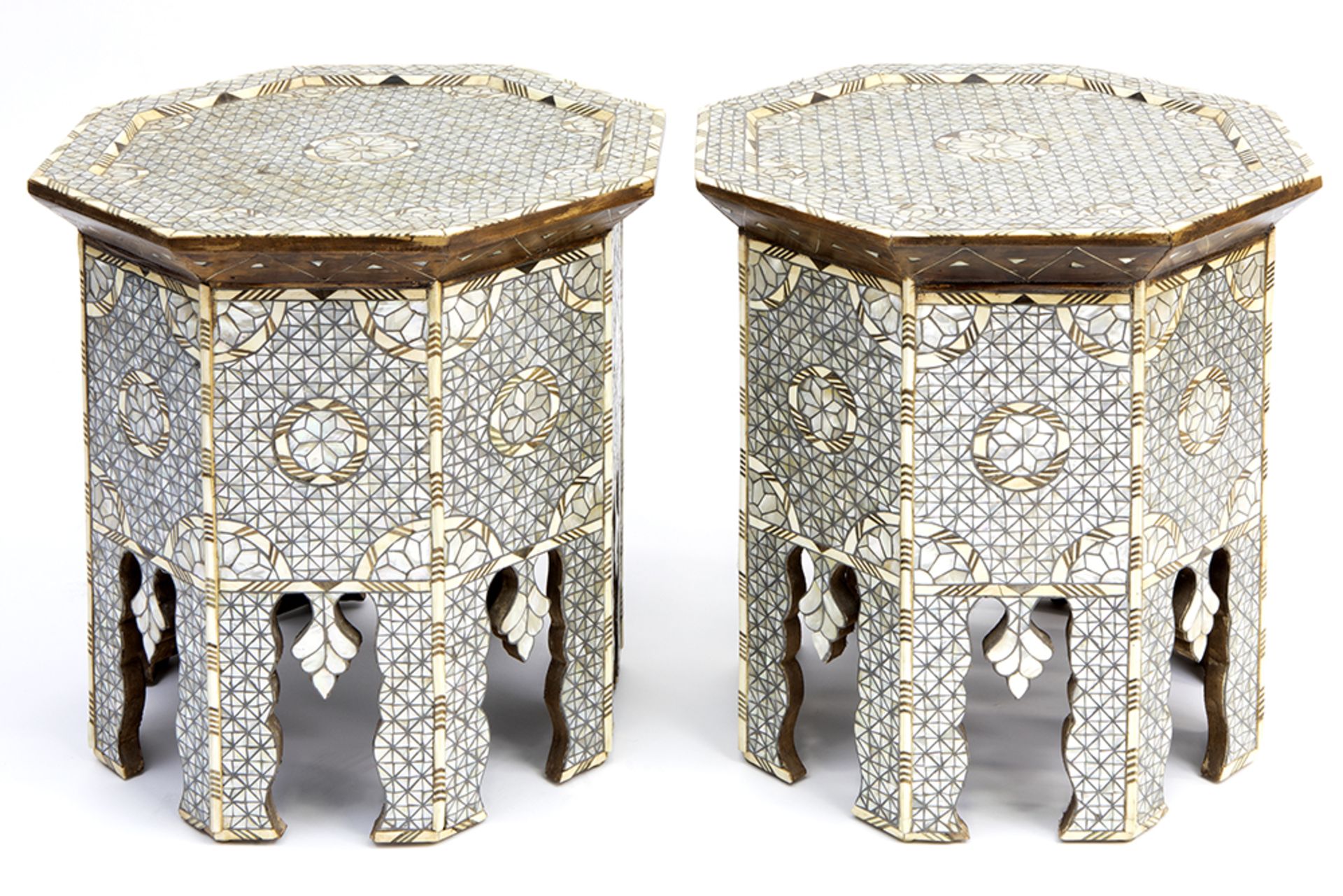 pair of 'antique' Ottoman occasional tables with octogonal shape, made in Turkey or Syria in ca
