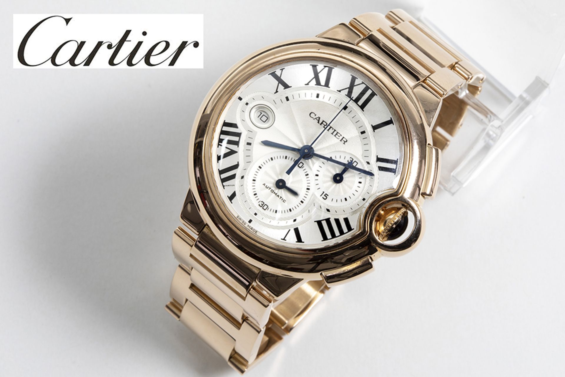 completely original chronograph automatique "Cartier Ballon bleu" wristwatch in pink gold (18 carat)