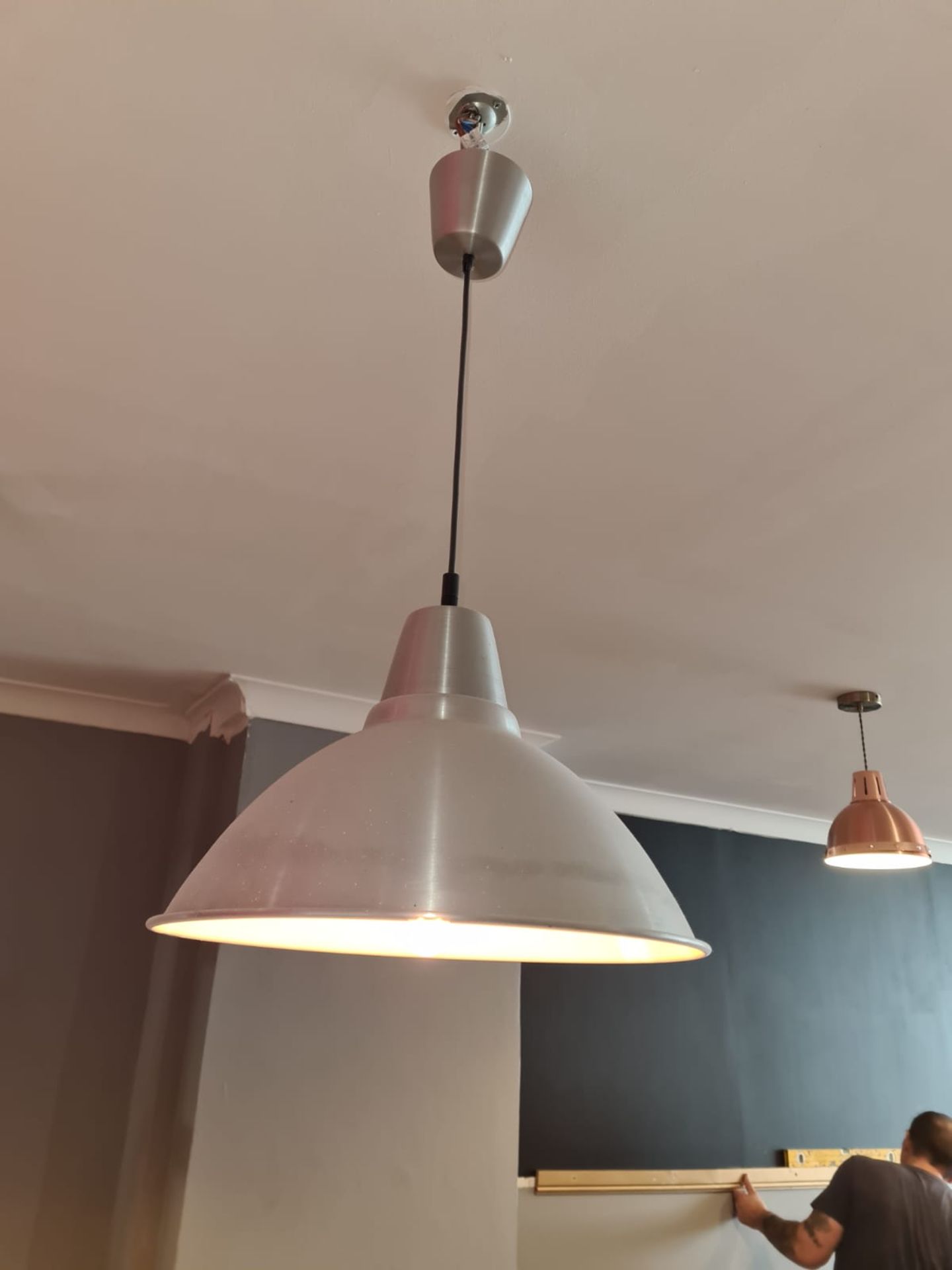 3 X PENDANT METAL LIGHTS, TAKEN DOWN FROM ABOVE A BAR NO RESERVE