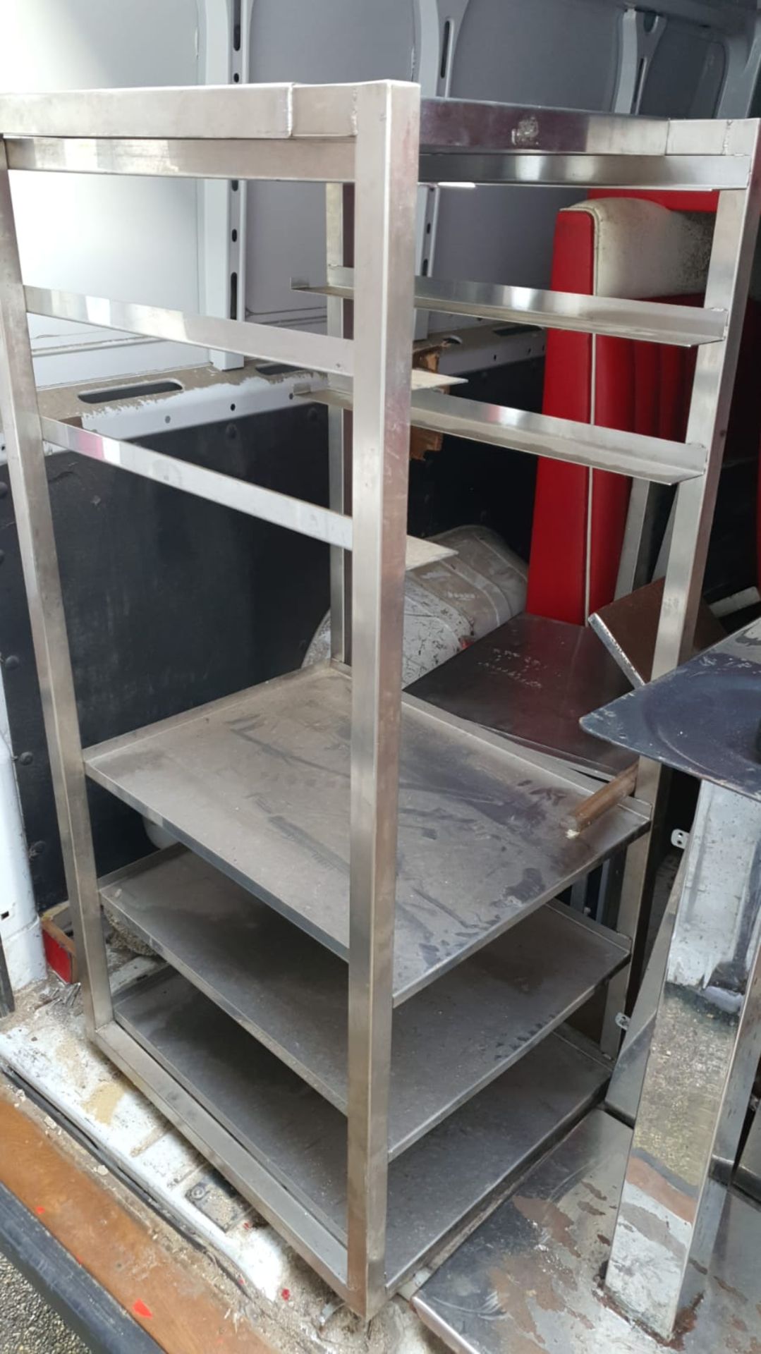 STAINLESS STEEL RESTAURANT KITCHEN STAND, WITH SHELVES AND TRAY RACKS NO RESERVE