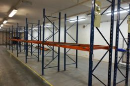 Five bays of adjustable boltless pallet racking, approx height 3000mm, 2750mm width per bay (