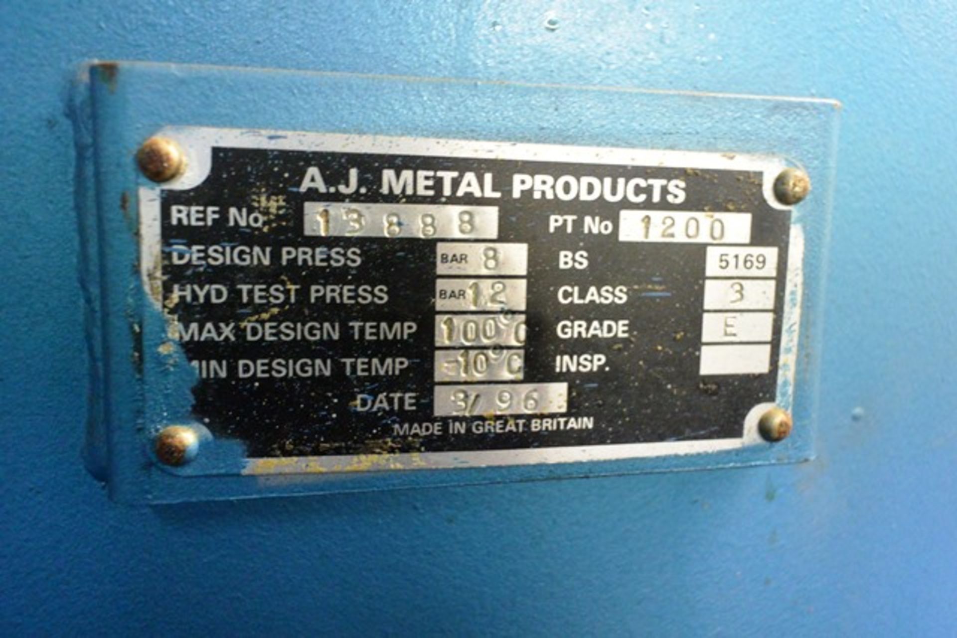 AJ Metal Products air receiver, ref no. 13888, PT No. 1200, test pressure 12 bar (1996) (Please - Image 2 of 2