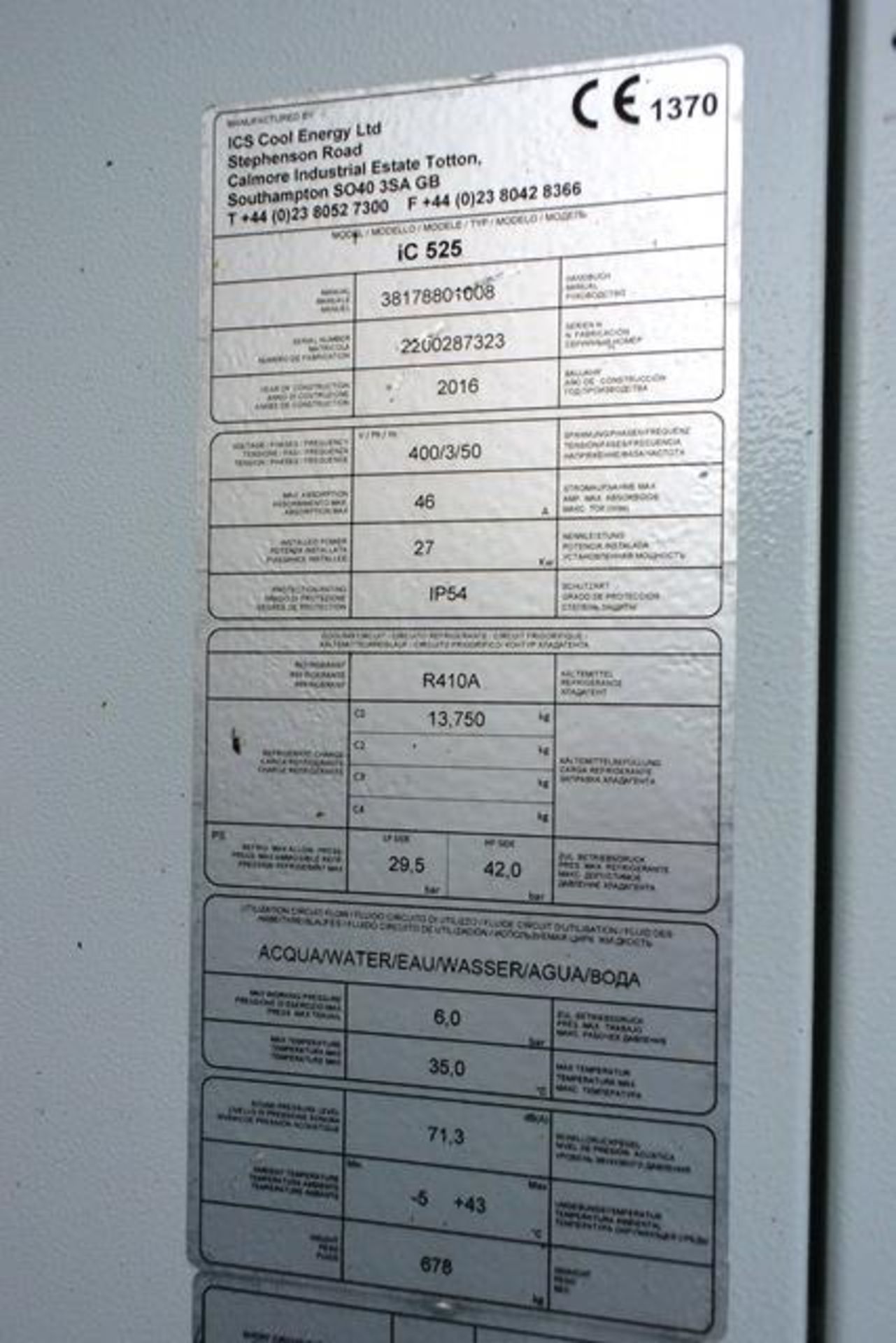 ICS Cool Energy IC525 chiller, serial no. 38178801008 (2016), 3 phase, refrigerant R410A, with - Image 4 of 7