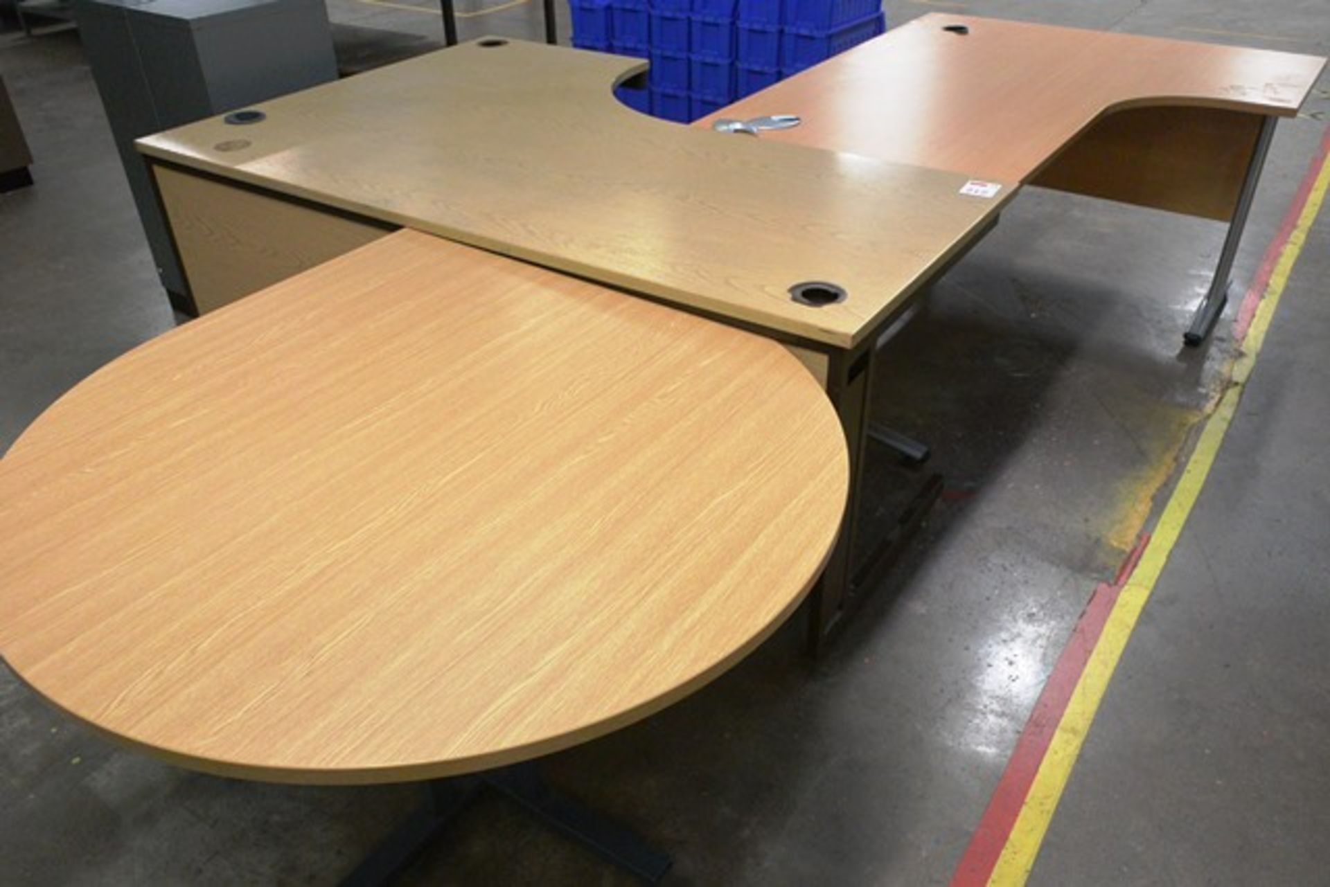 Two various L shape desks and circular side table