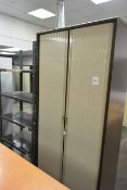 Steel frame tamber fronted storage cabinet and bay of bolted adjustable stores racking