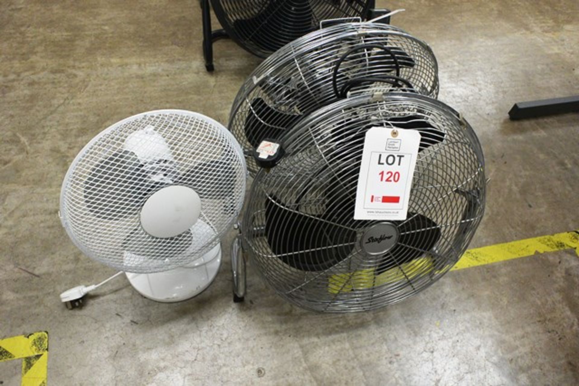 Two Stirflow floor standing industrial fans and unbadged office fan