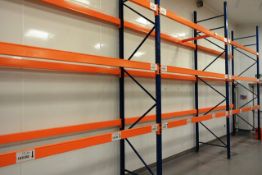 Three bays of adjustable boltless pallet racking, approx height 3950mm, approx bay width 2750mm (