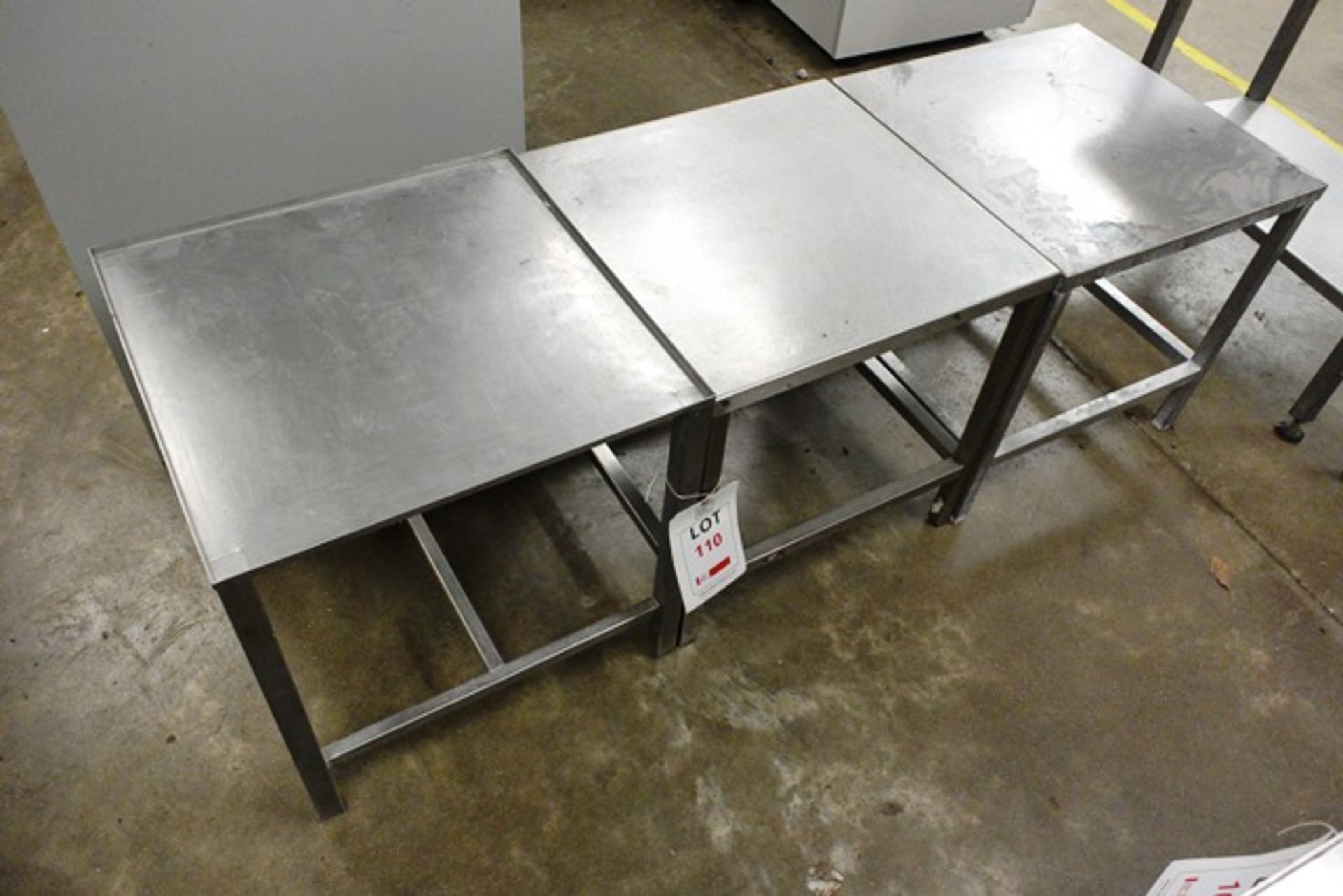 Three square stainless steel tables, approx dimensions to be confirmed shortly