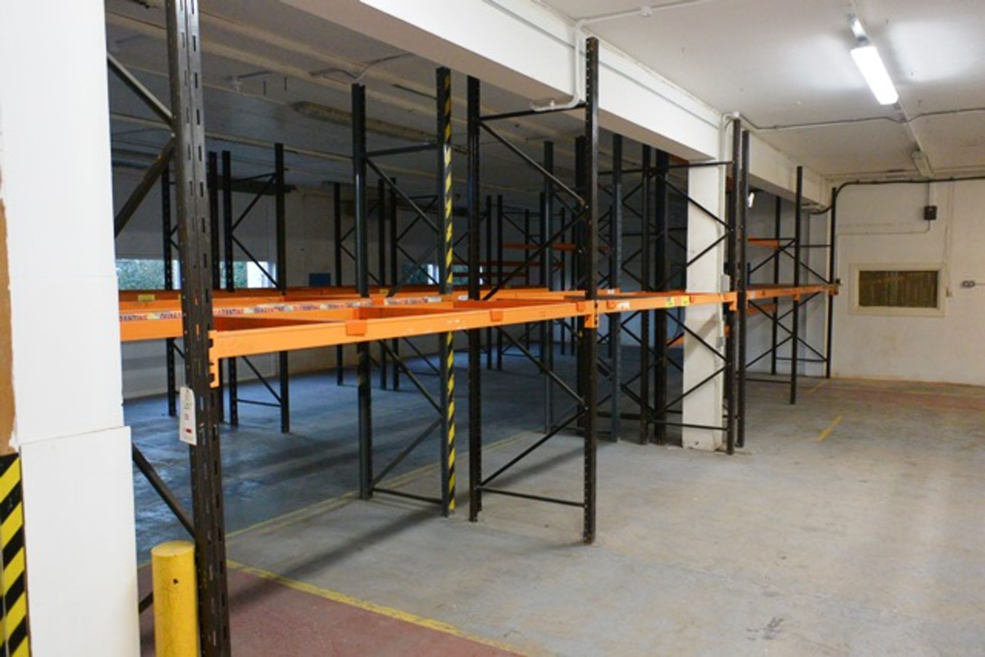 Four bays of adjustable boltless pallet racking, approx height 3000mm, 2750mm width per bay (