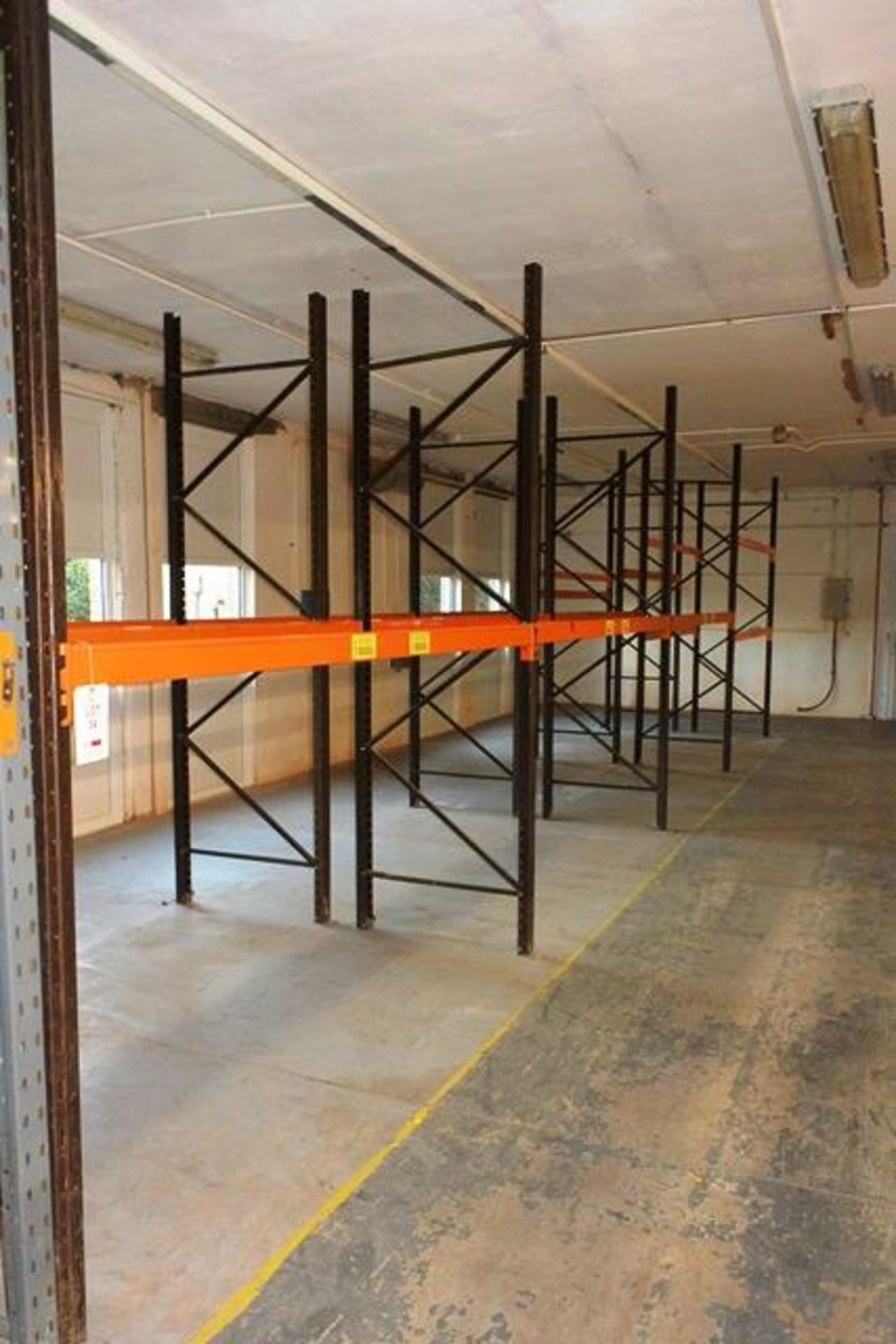 Four bays of adjustable boltless pallet racking, approx height 3000mm, 2750mm width per bay (