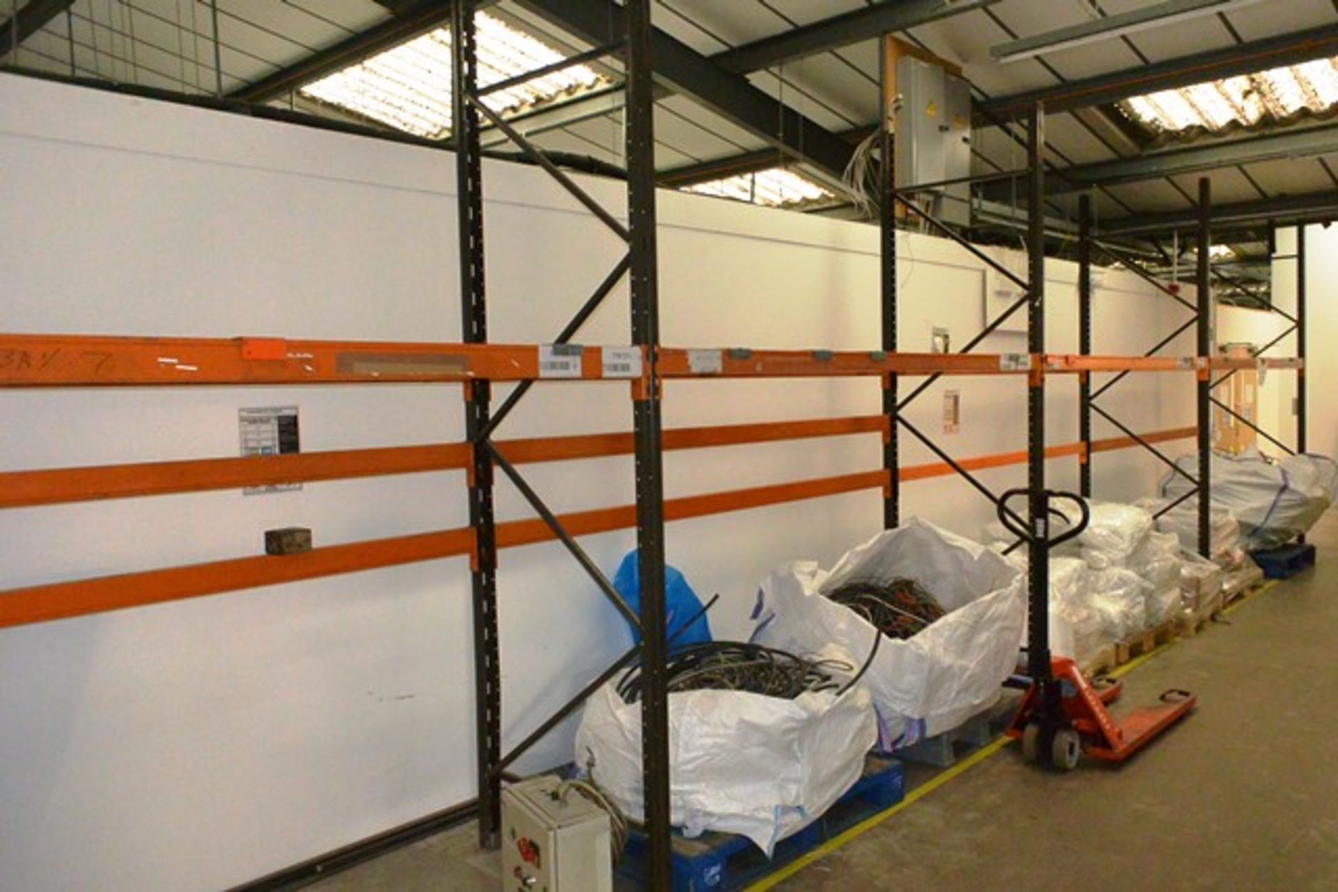 Four bays of adjustable boltless pallet racking, approx height 3000mm, approx bay width 2750mm (