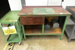 Steel frame, twin level workbench, approx 1350 x 730mm, and mobile 3 shelf trolley