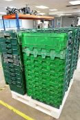 Pallet of plastic stackable tote bins circa 55 in total