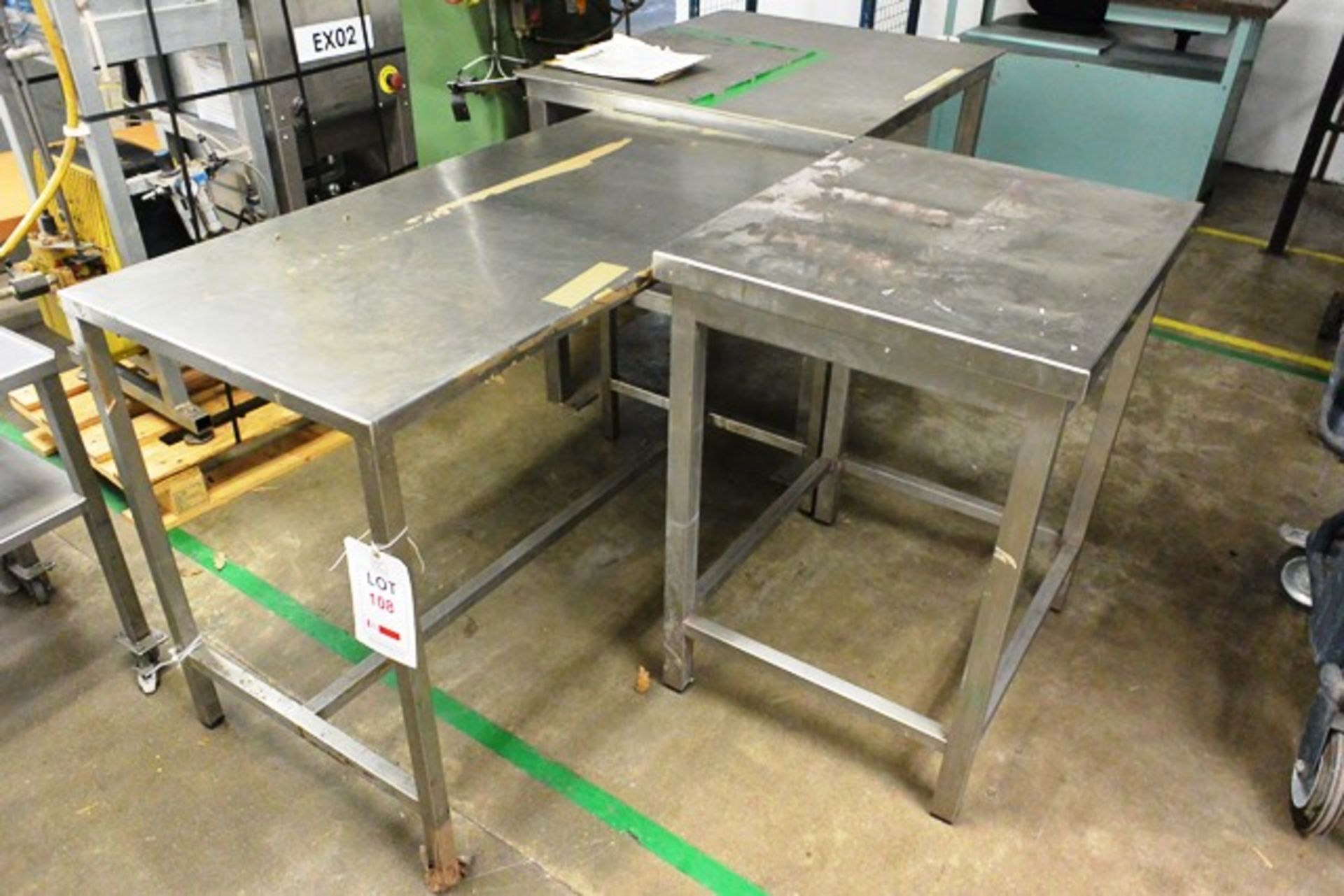 Three various stainless steel tables, approx dimensions to be confirmed shortly
