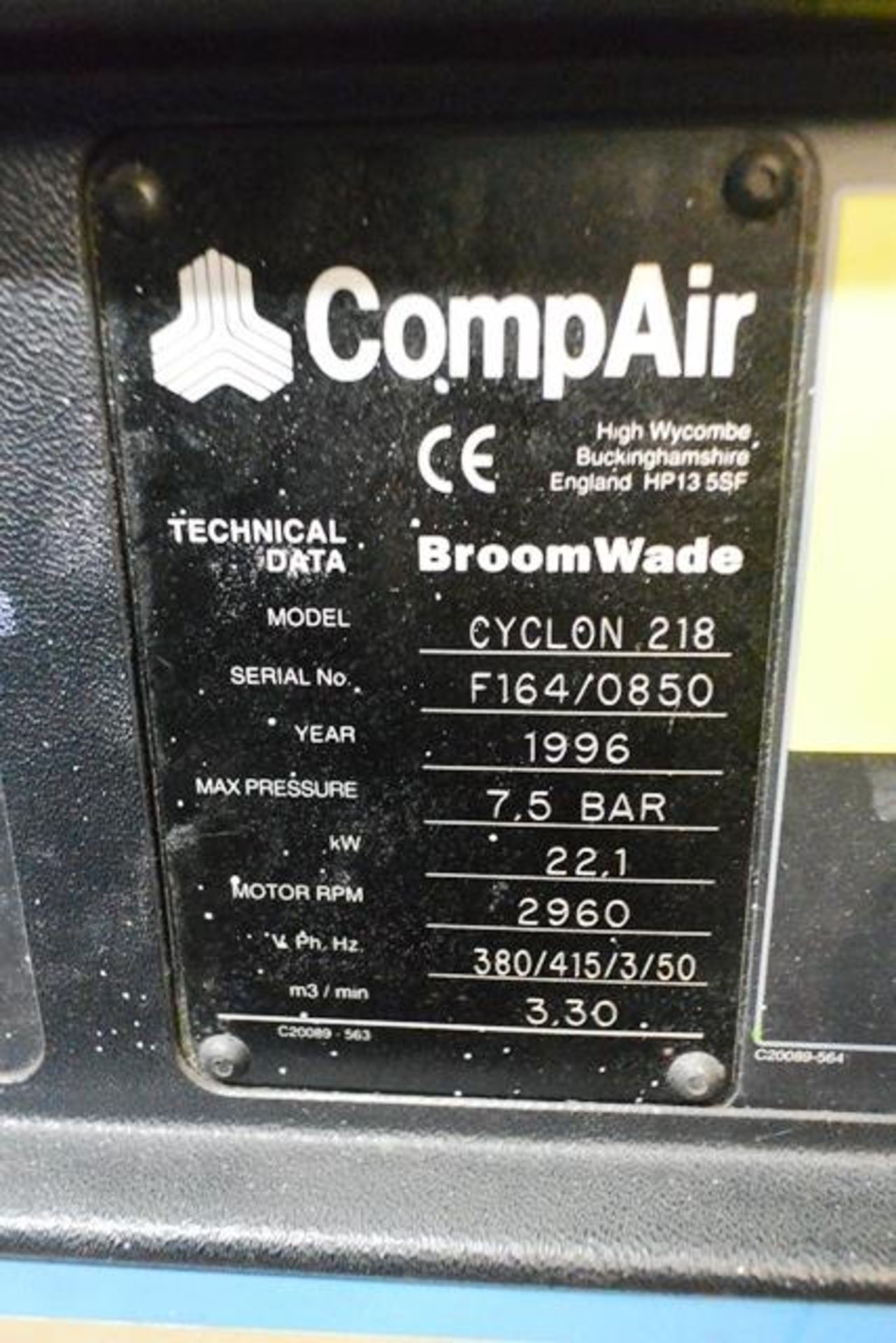 Compair Cyclon 218 air compressor, serial no. F164/0850 (1996), 7.5 bar, 22.1kw, 3 phase, Last... - Image 2 of 3