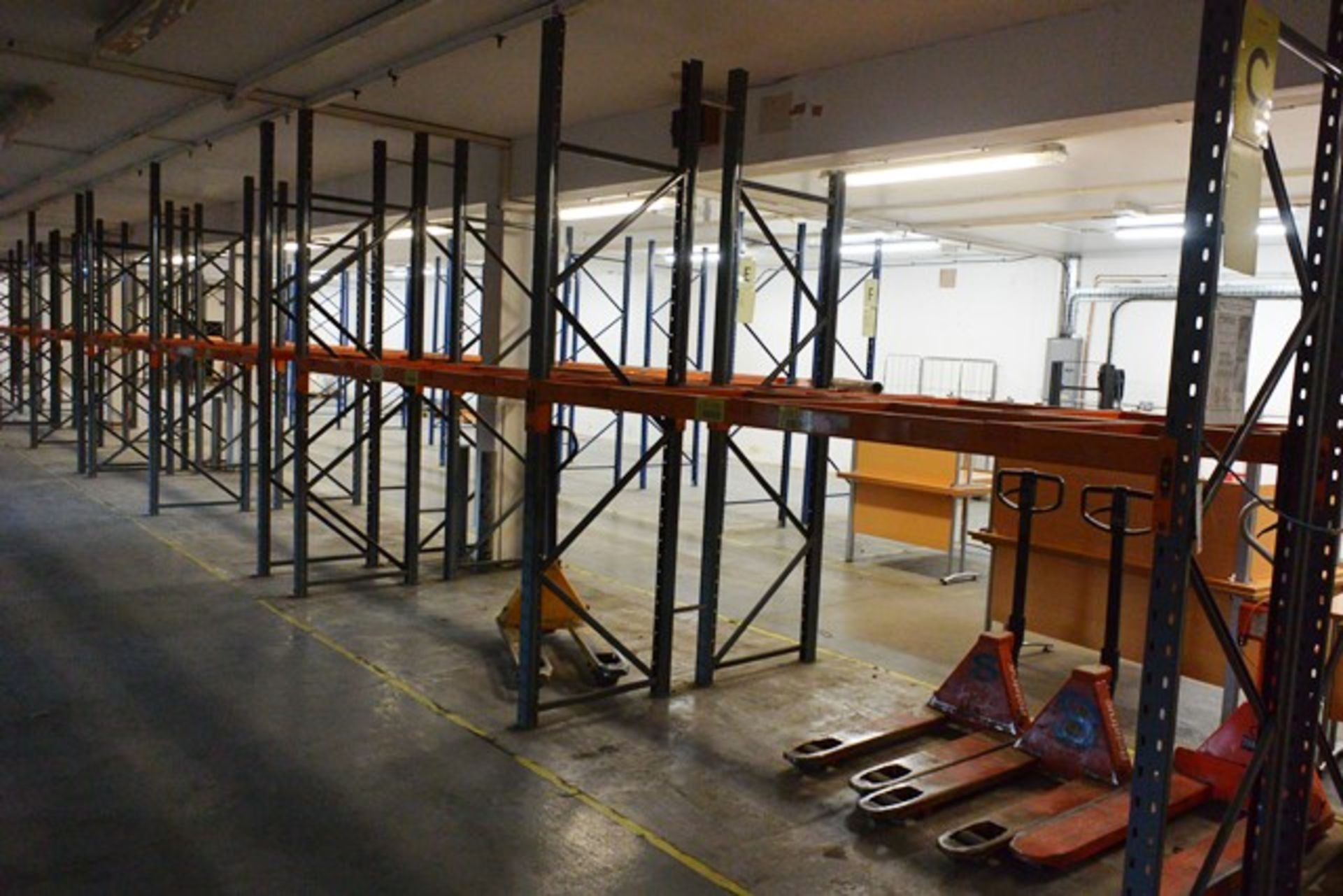 Four bays of adjustable boltless pallet racking, approx height 3000mm, 2750mm width per bay (