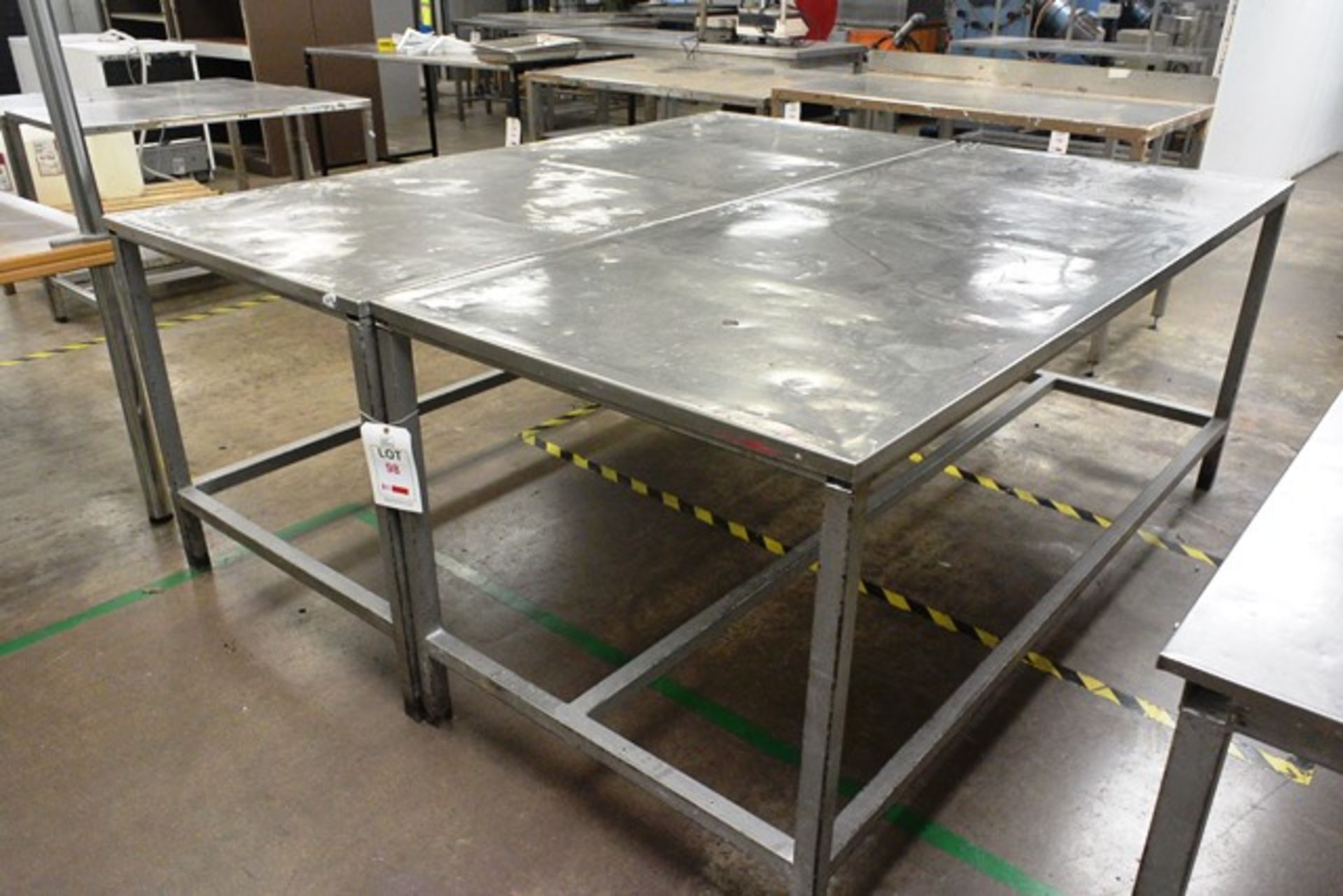 Two steel frame stainless steel topped tables, approx dimensions to be confirmed shortly